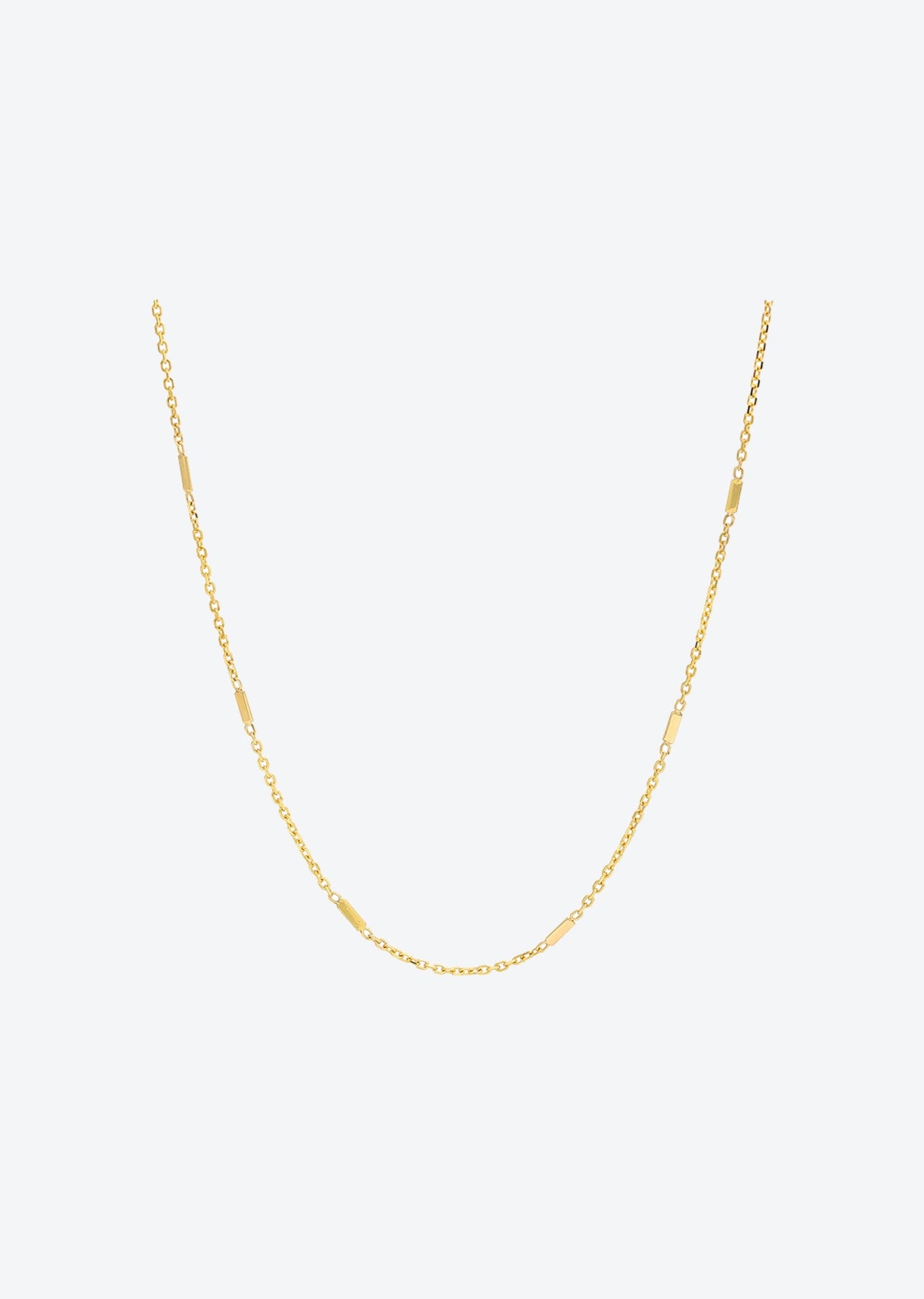 Diamond-cut dainty gold chain necklace featuring reflective gold bars in solid 14K yellow gold on an 18-inch cable chain