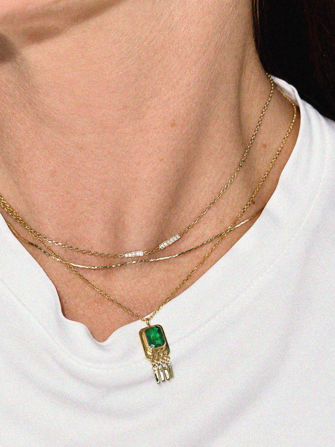 Emerald & Diamond Pendant Charm Necklace in 14K Gold