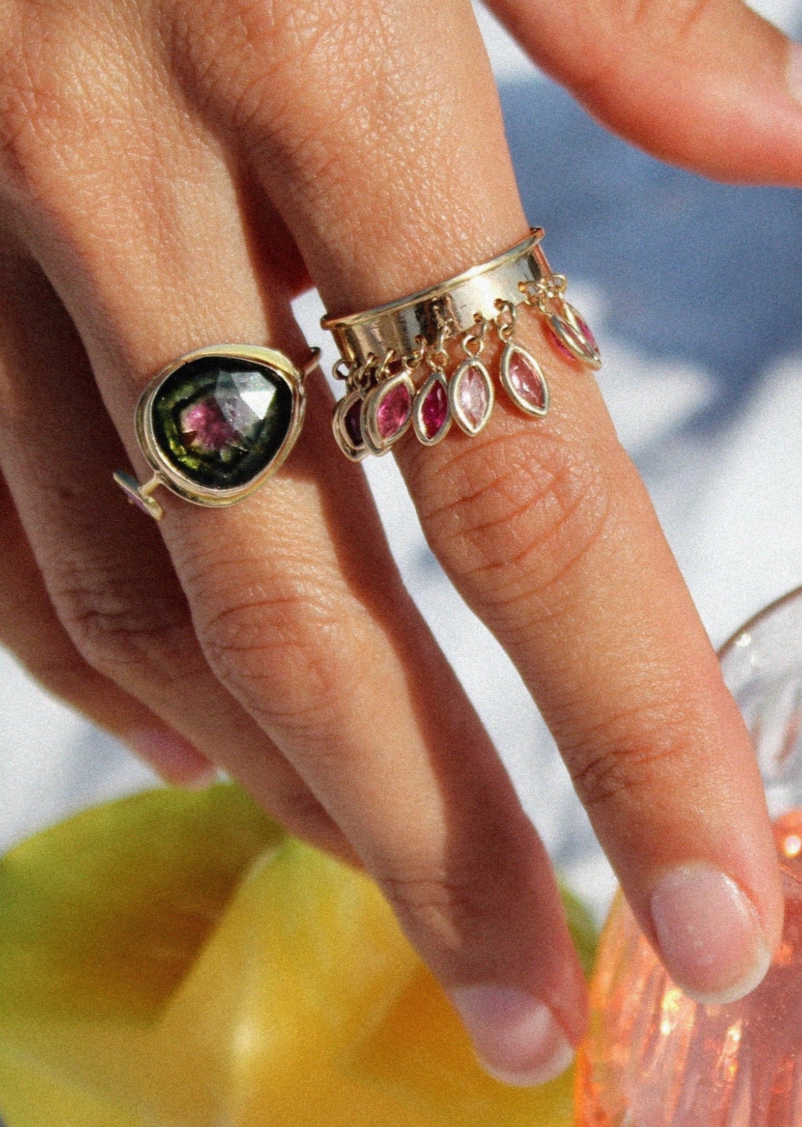 Ring with dangling pink gems | Christina Magdolna