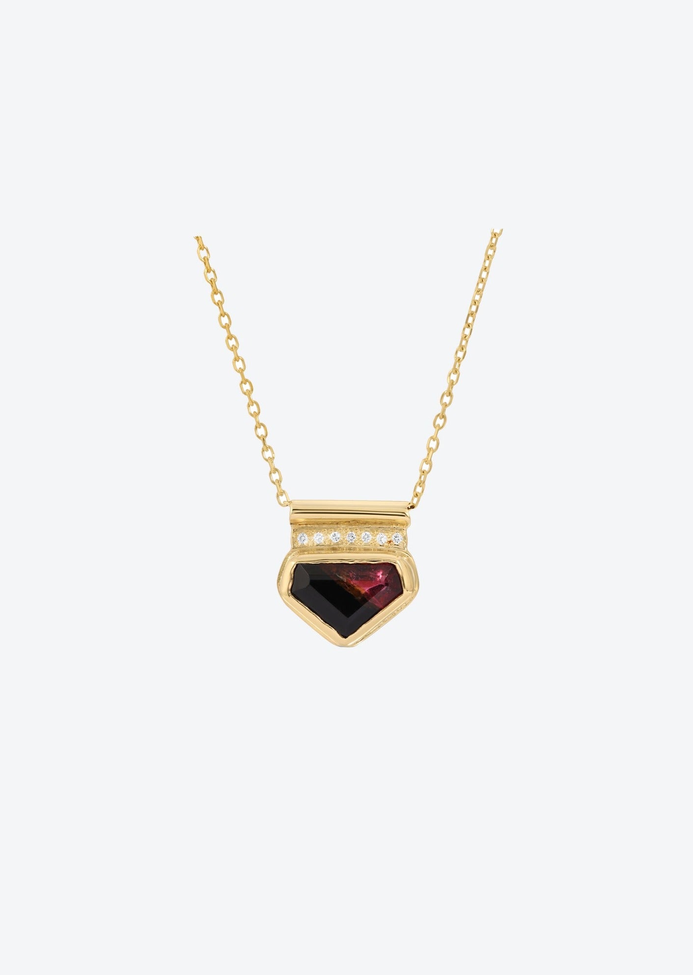 Celestial inspired diamond pendant necklace featuring black & red tourmaline in solid gold