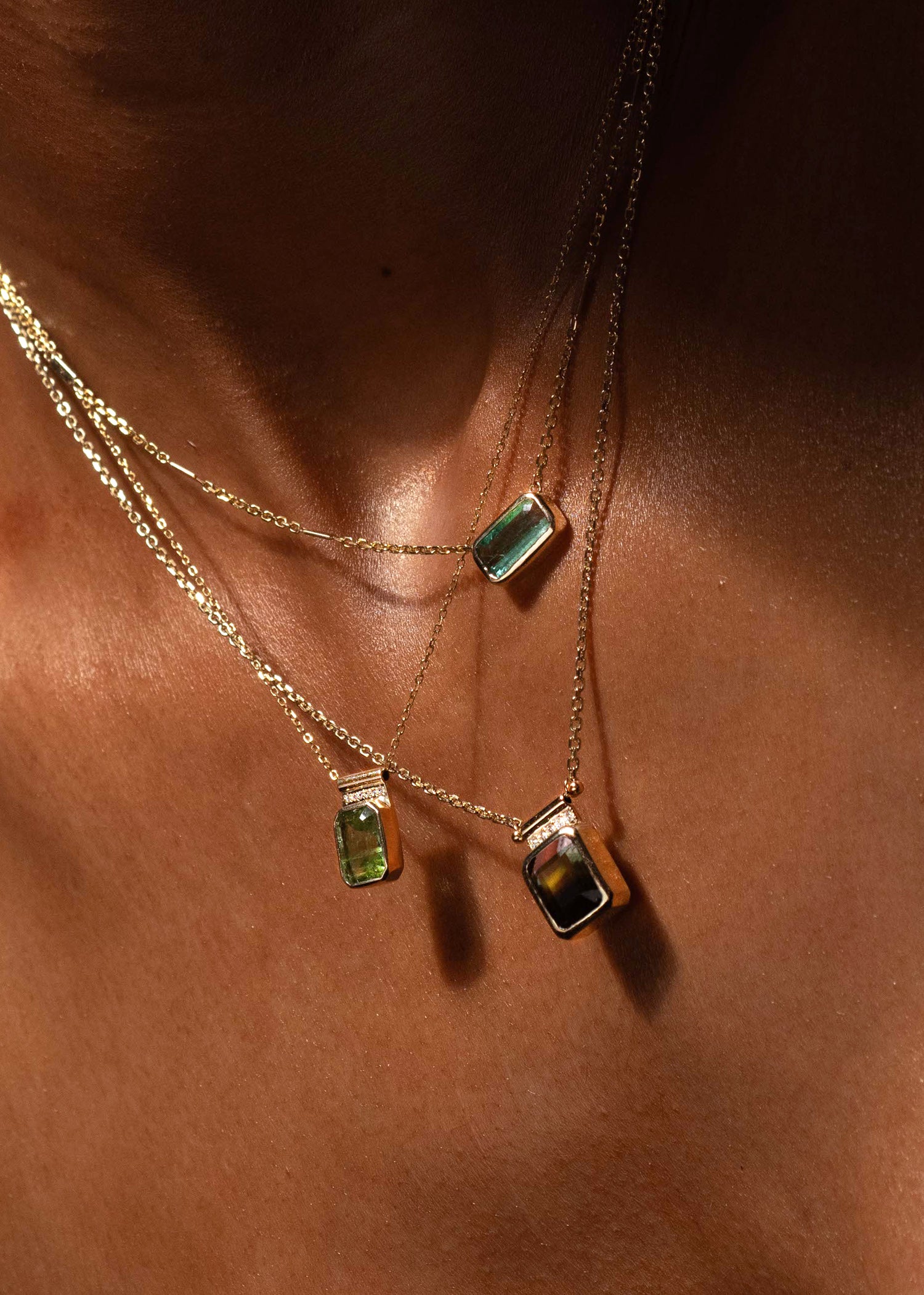 Tourmaline pendant necklace with diamonds in 14K yellow gold on cable chain