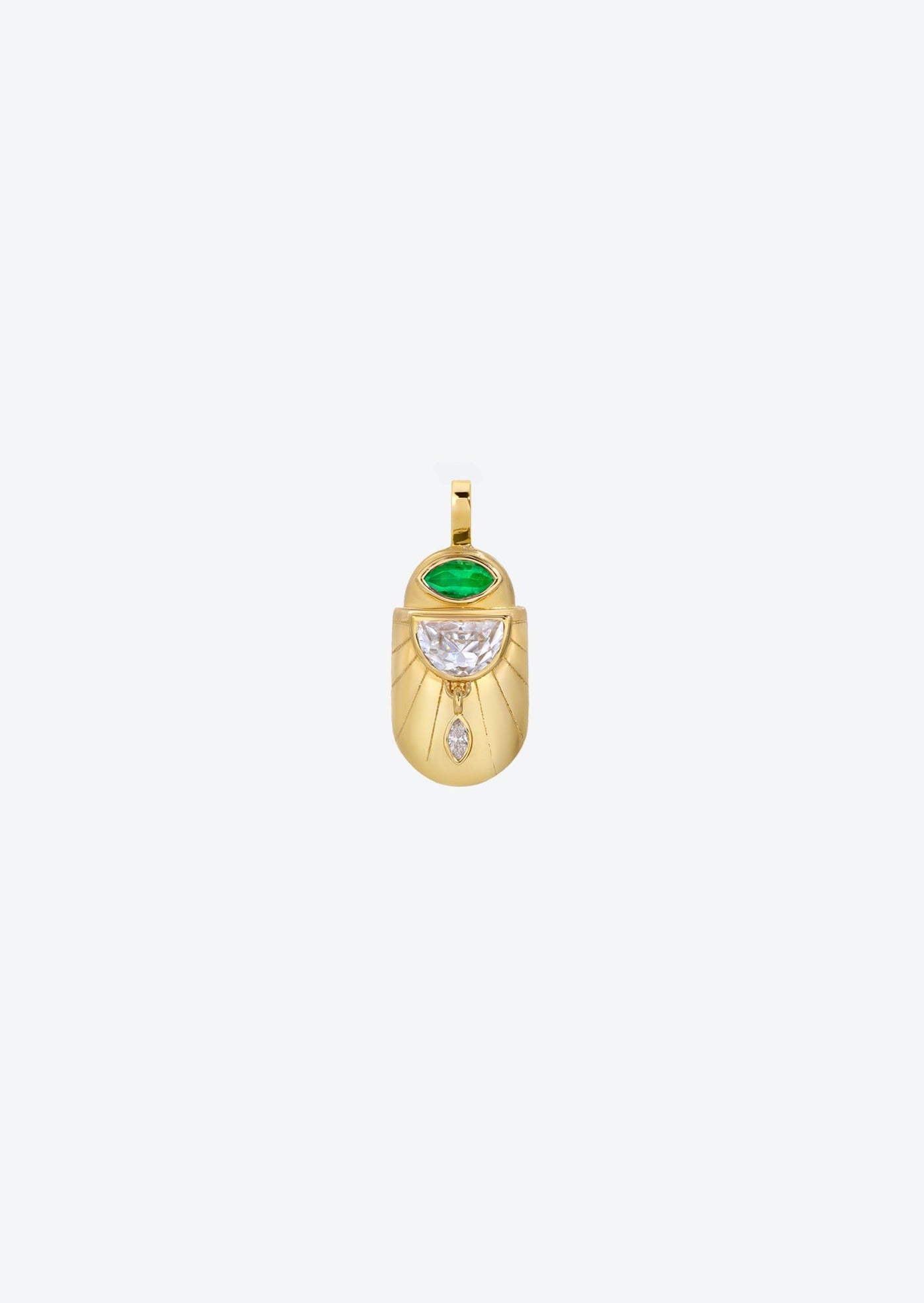 Gold sun pendant featuring marquise emerald, half-moon diamond, and dangling marquise diamond