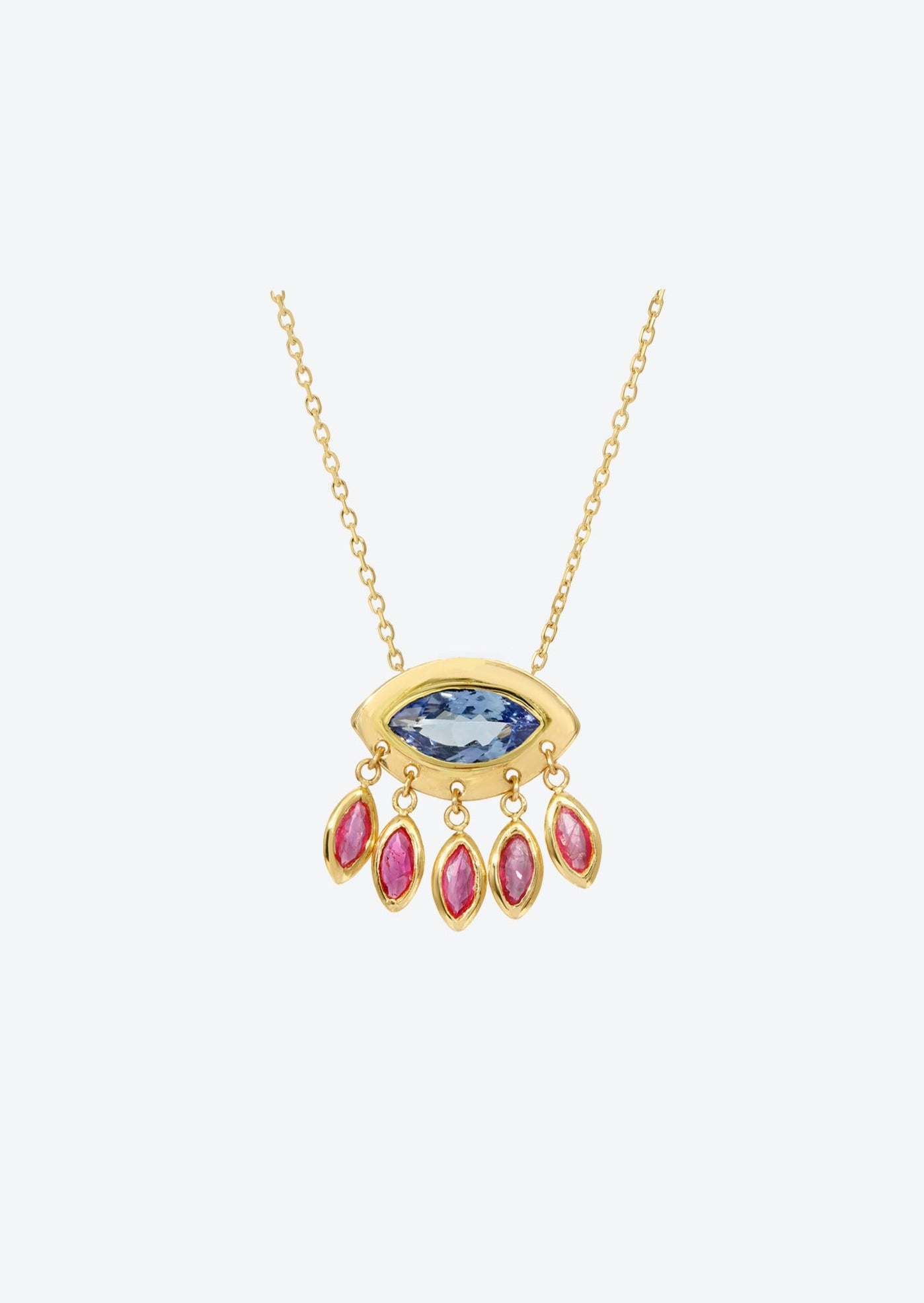 Evil eye necklace featuring tanzanite center stone and ruby dangles in 14K gold