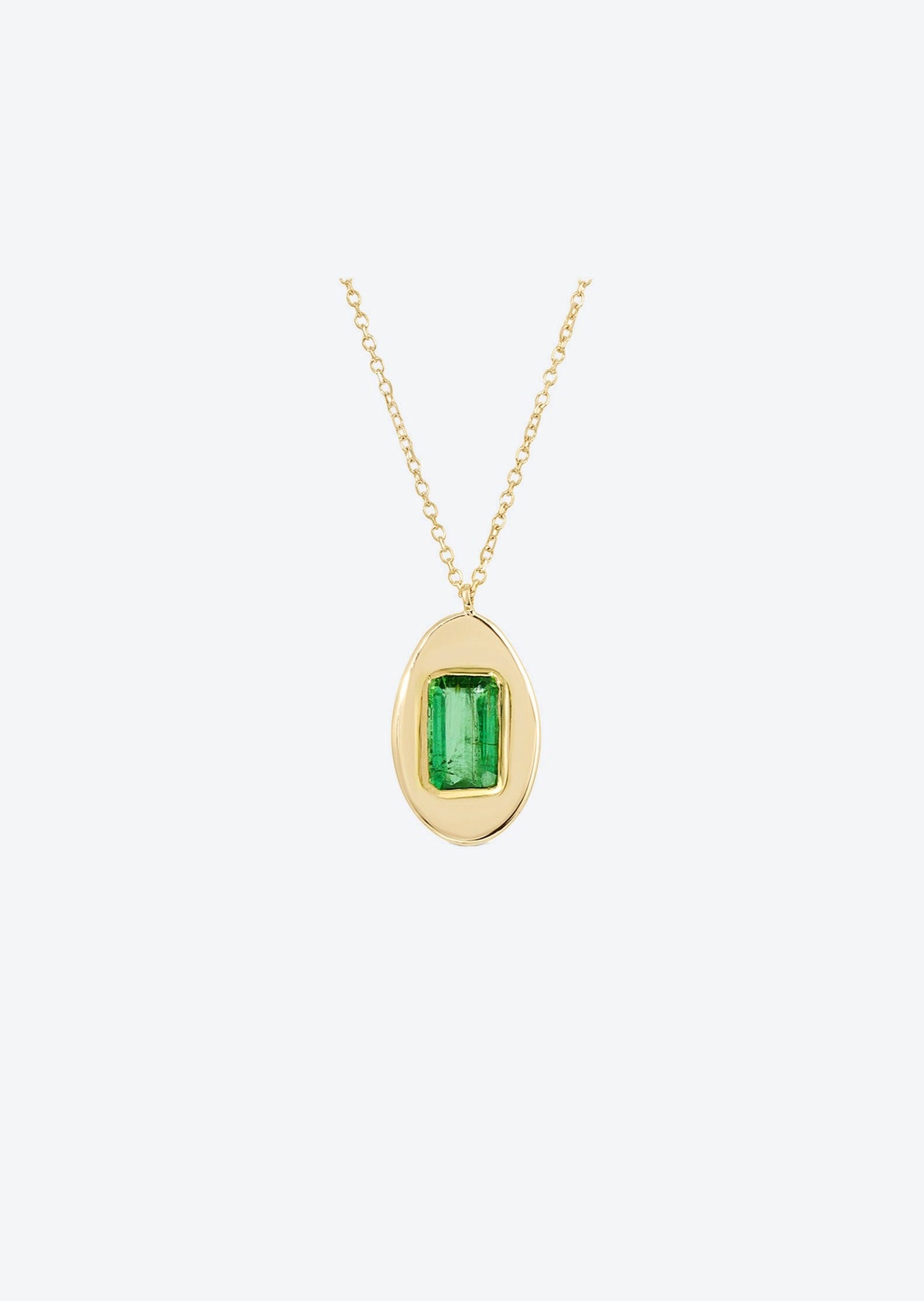 Handcrafted emerald necklace in solid gold on a dainty cable chain, egg-inspired design and minimalist elegance