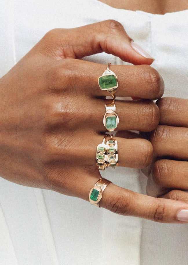 Green Tourmaline & Diamonds gold statement ring stack