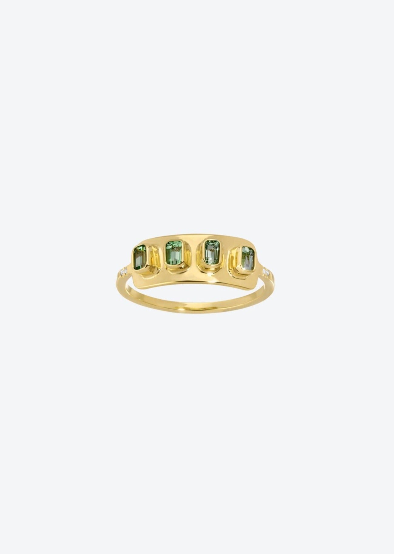 Green tourmaline sun ring with natural diamond pave accents in yellow gold, Ancient Egyptian jewelry inspired.