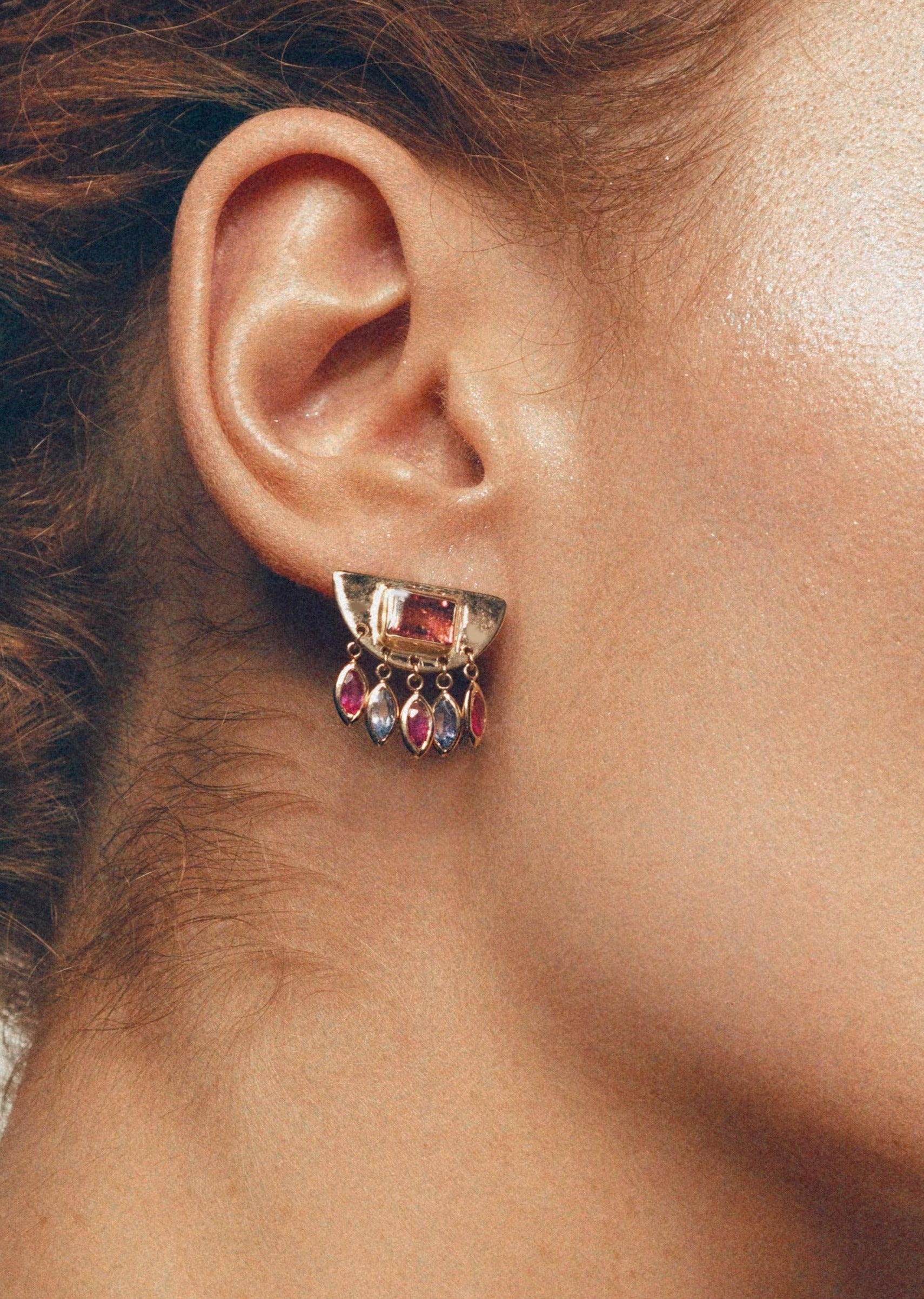 Statement dangle earrings inspired by Aztec Jewelry artistry with Pink & Purple Tourmaline gemstones
