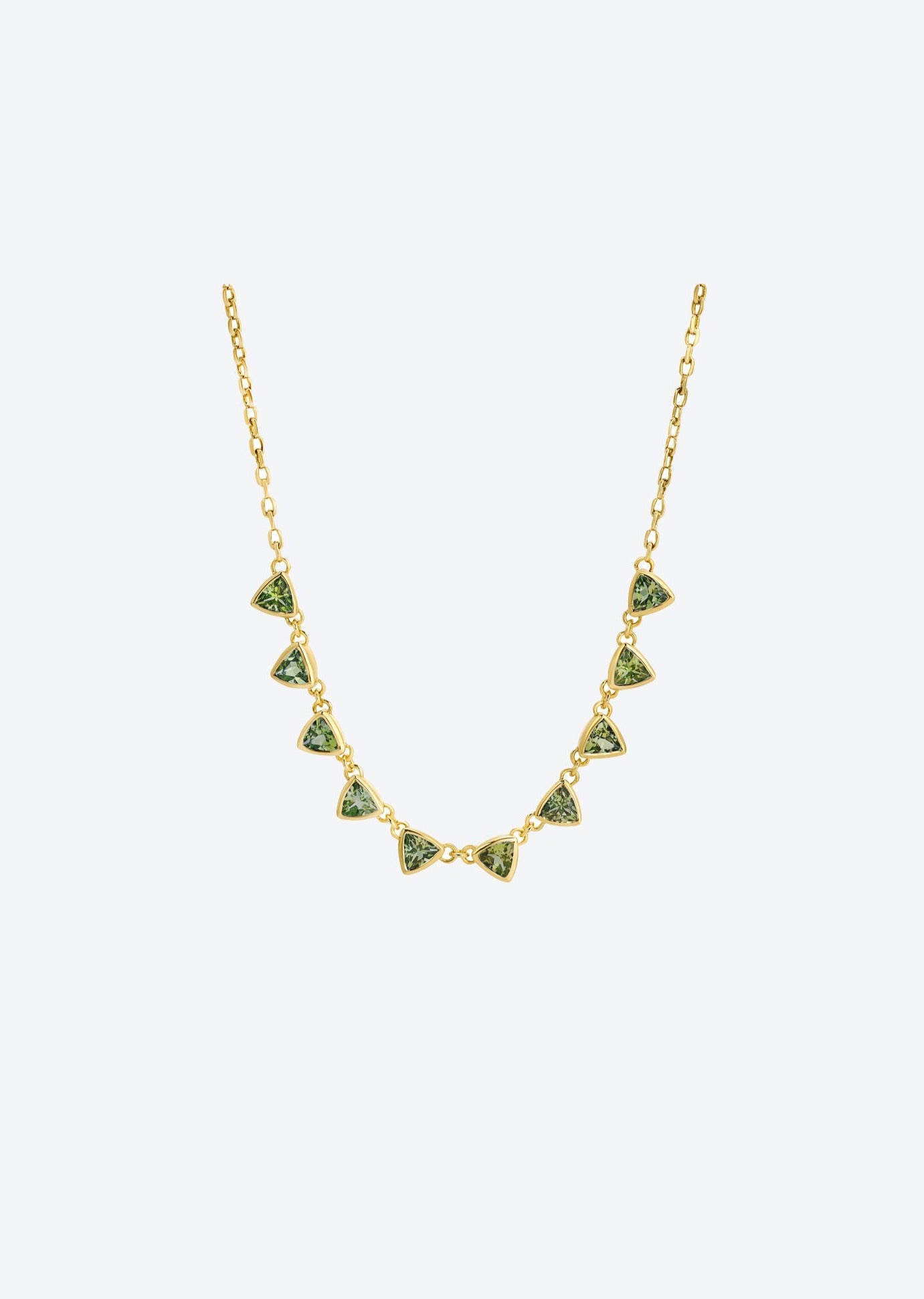 Art Deco Jewelry inspired handcrafted gemstone necklace featuring trillion-cut green tourmalines and gold chain