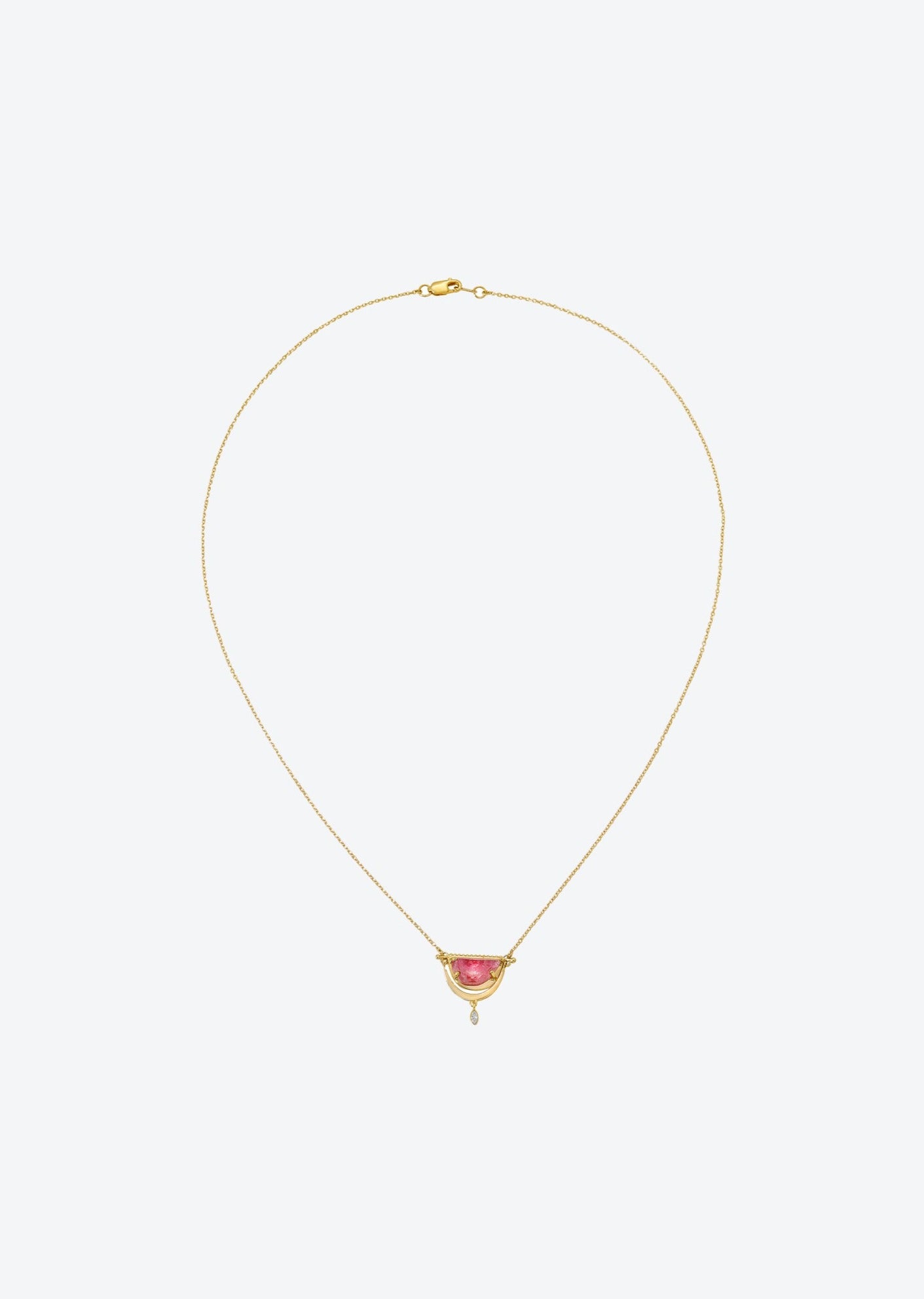 Celestial jewelry piece in pink tourmaline and diamond drop pendant necklace on an adjustable dainty gold chain