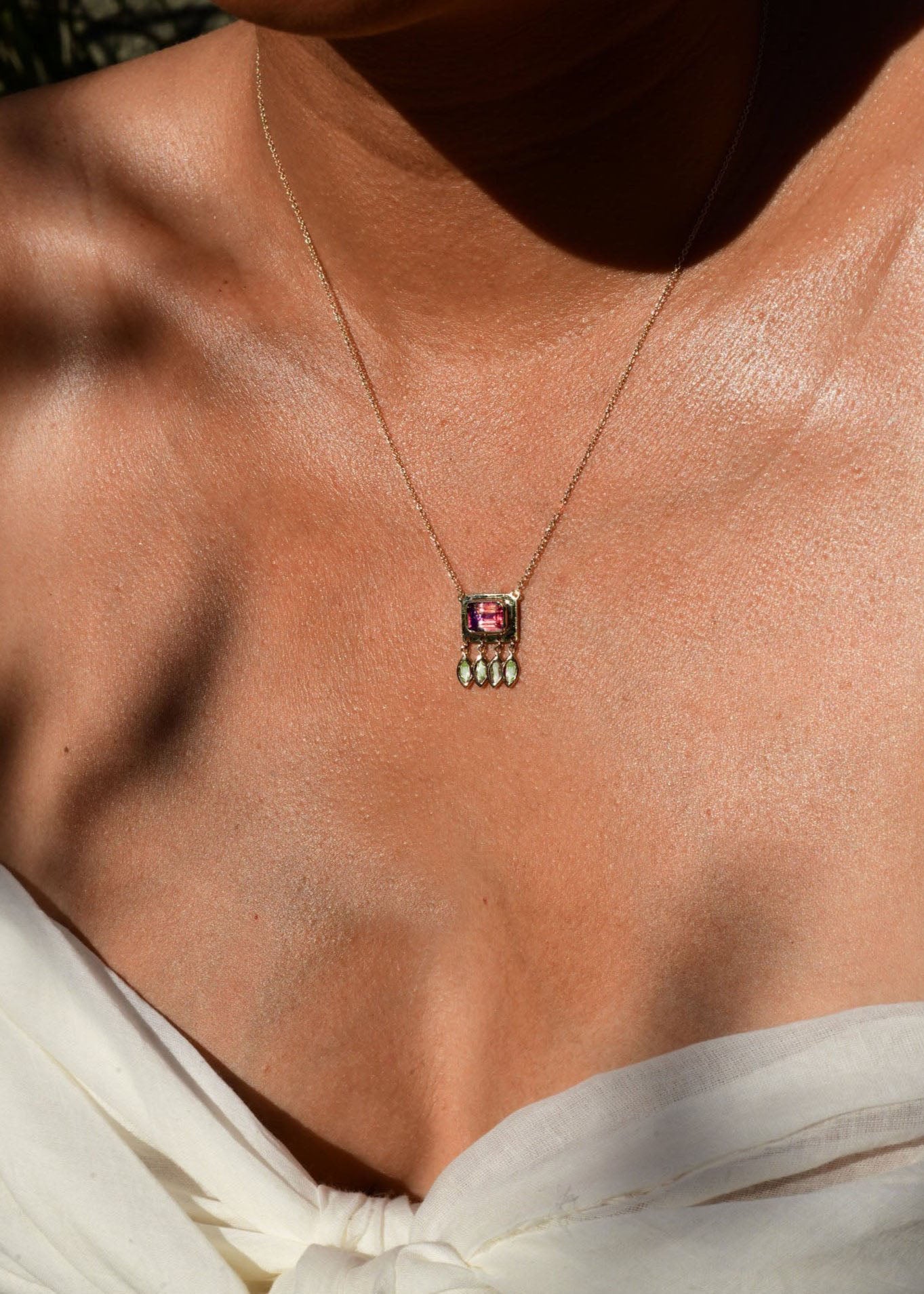 Handcrafted pink & green tourmaline gold chunky charm necklace