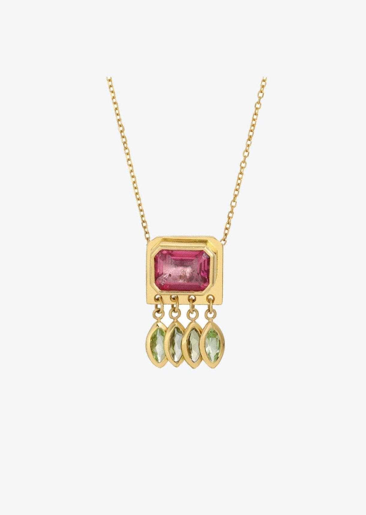 Pink and green tourmaline gold pendant charm necklace with dangles on a dainty cable chain