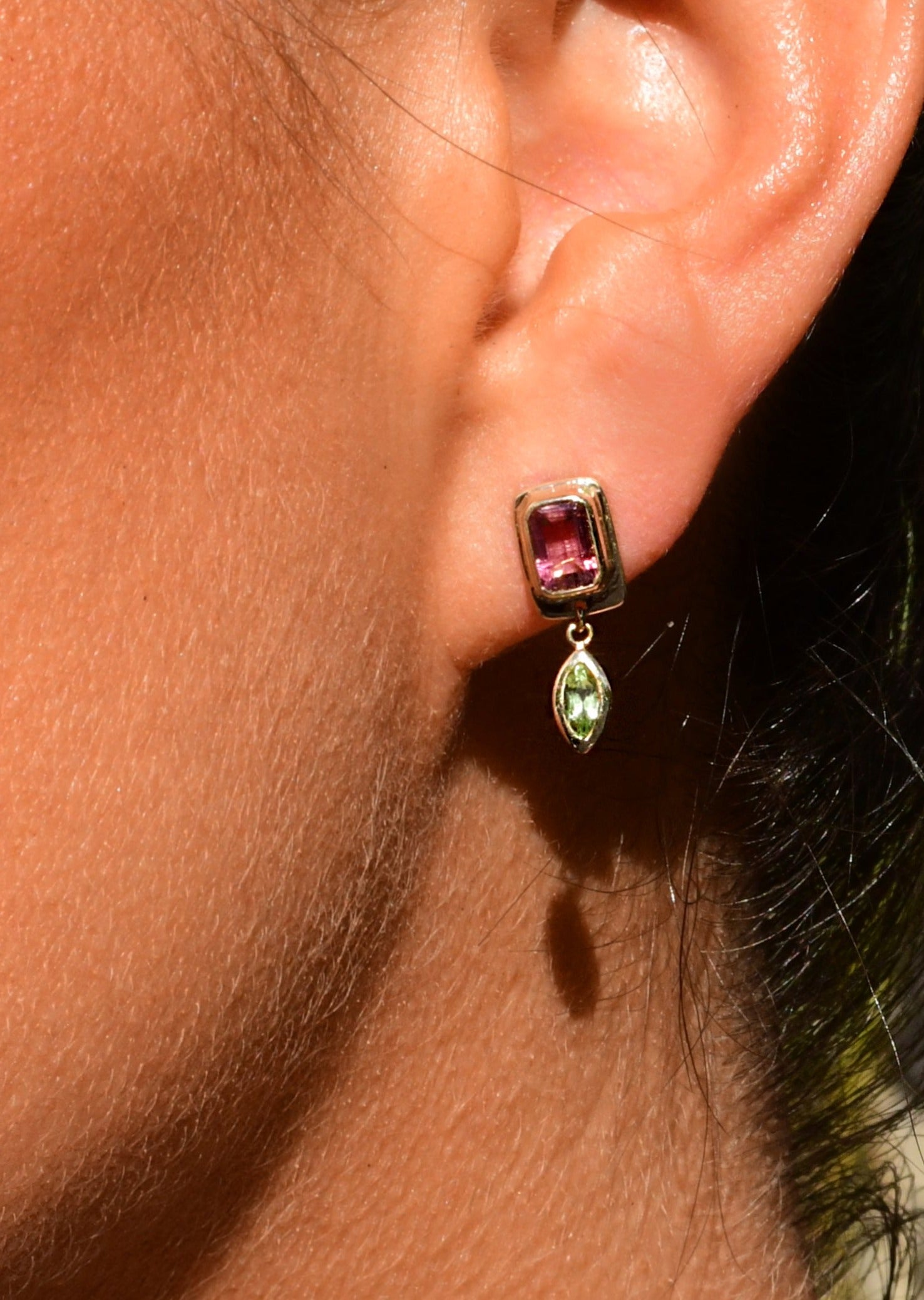 Colorful Pink Tourmaline Earrings Gold Dangle Earrings | Christina Magdolna