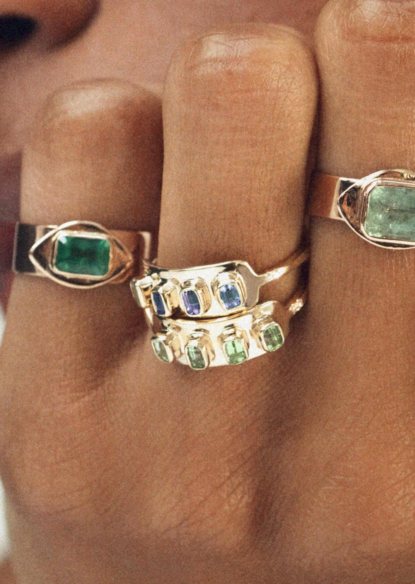 Stackable solid gold ring with tanzanites and diamond details