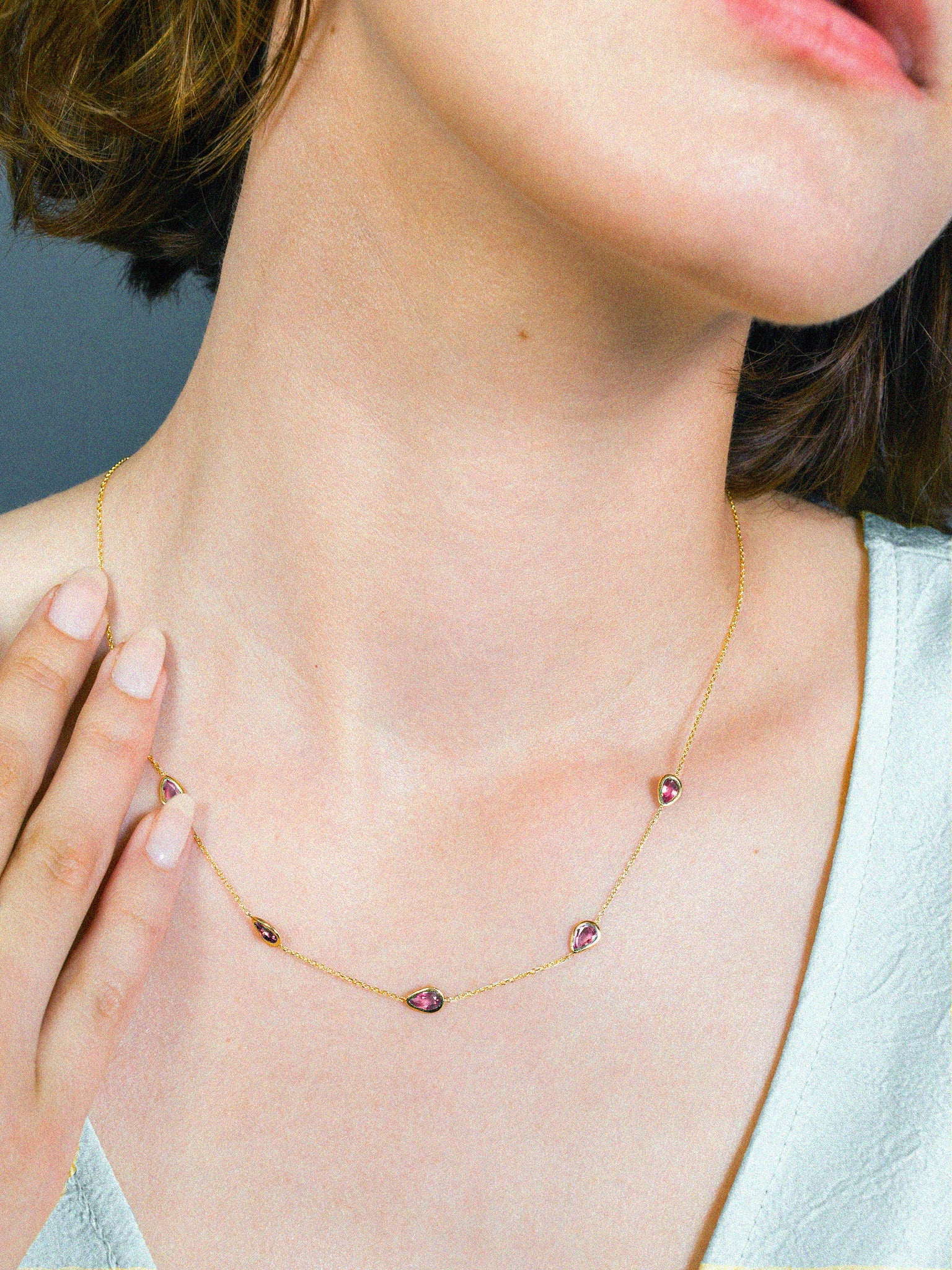 Pink Sapphire Necklace • Dainty Gold Station Necklace
