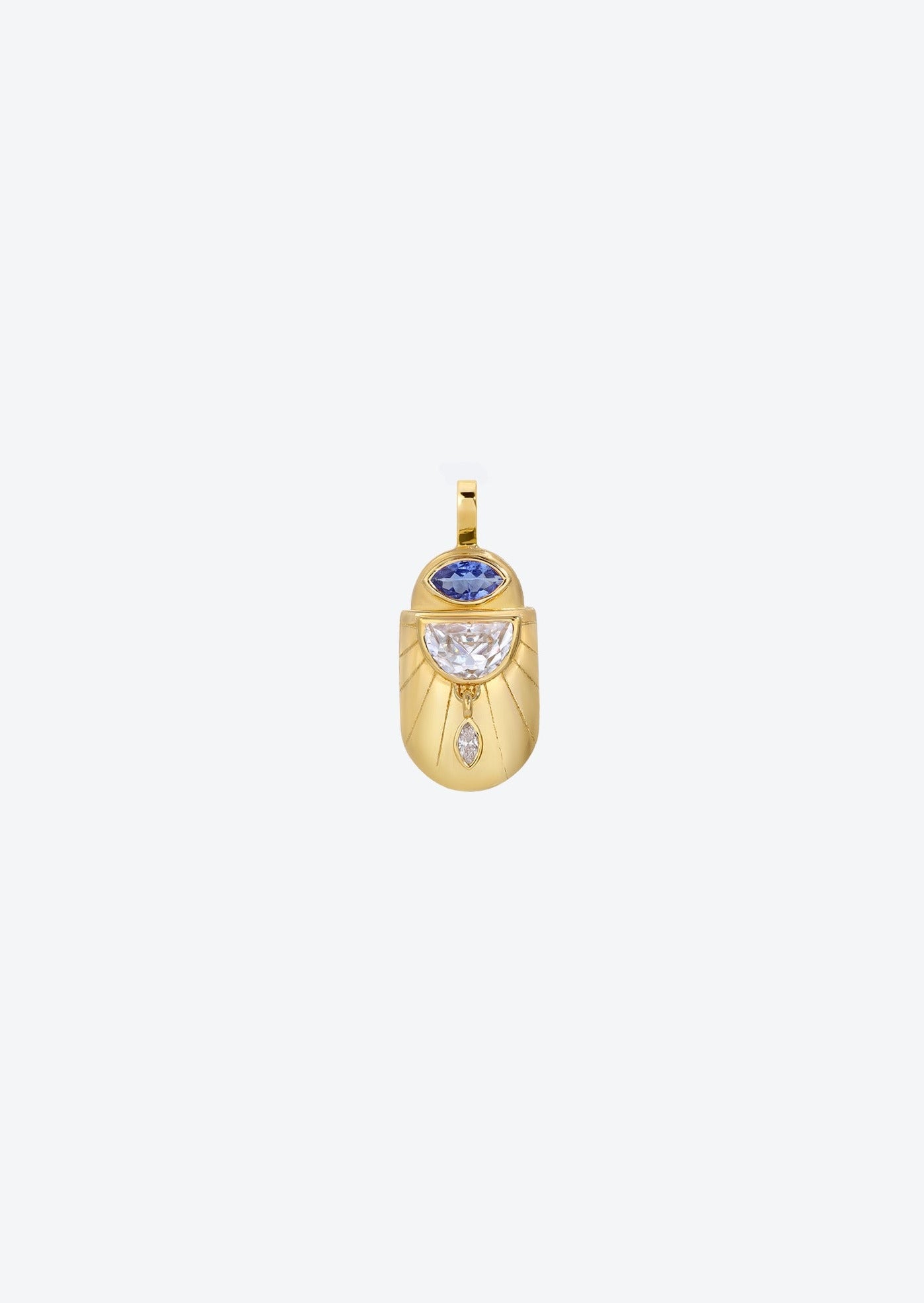 gold scarab necklace charm with tanzanite and engraved sunray motif, Egyptian Jewelry inspired