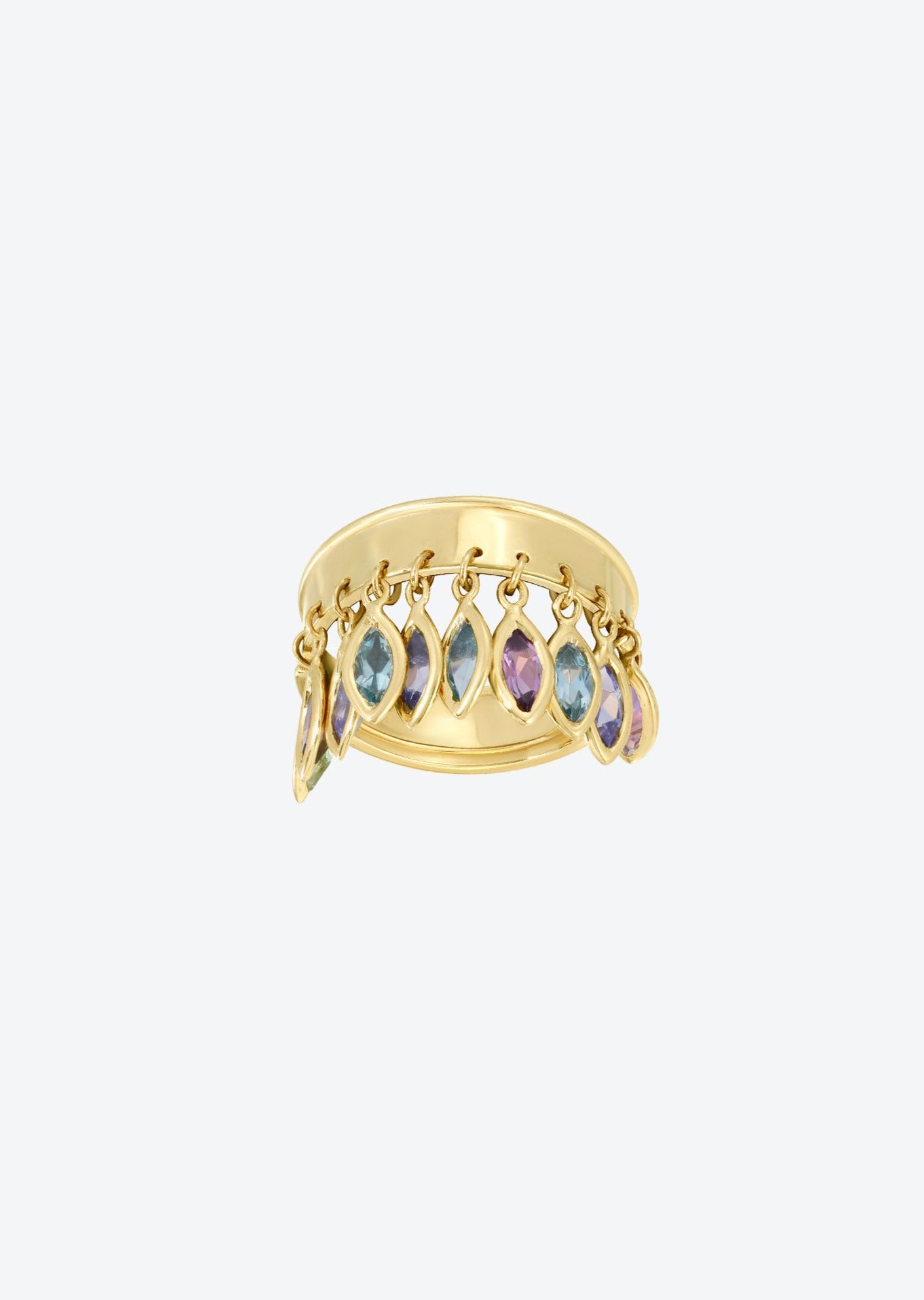 Cocktail dangle Ring in 14K gold with aquamarine, amethyst, and tanzanite gemstones.