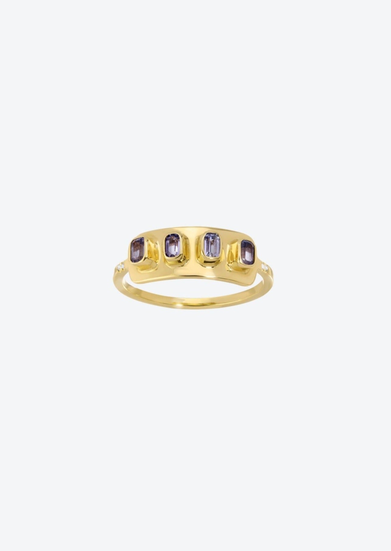 Purple gold ring featuring tanzanites and diamonds inspired by Egyptian jewelry