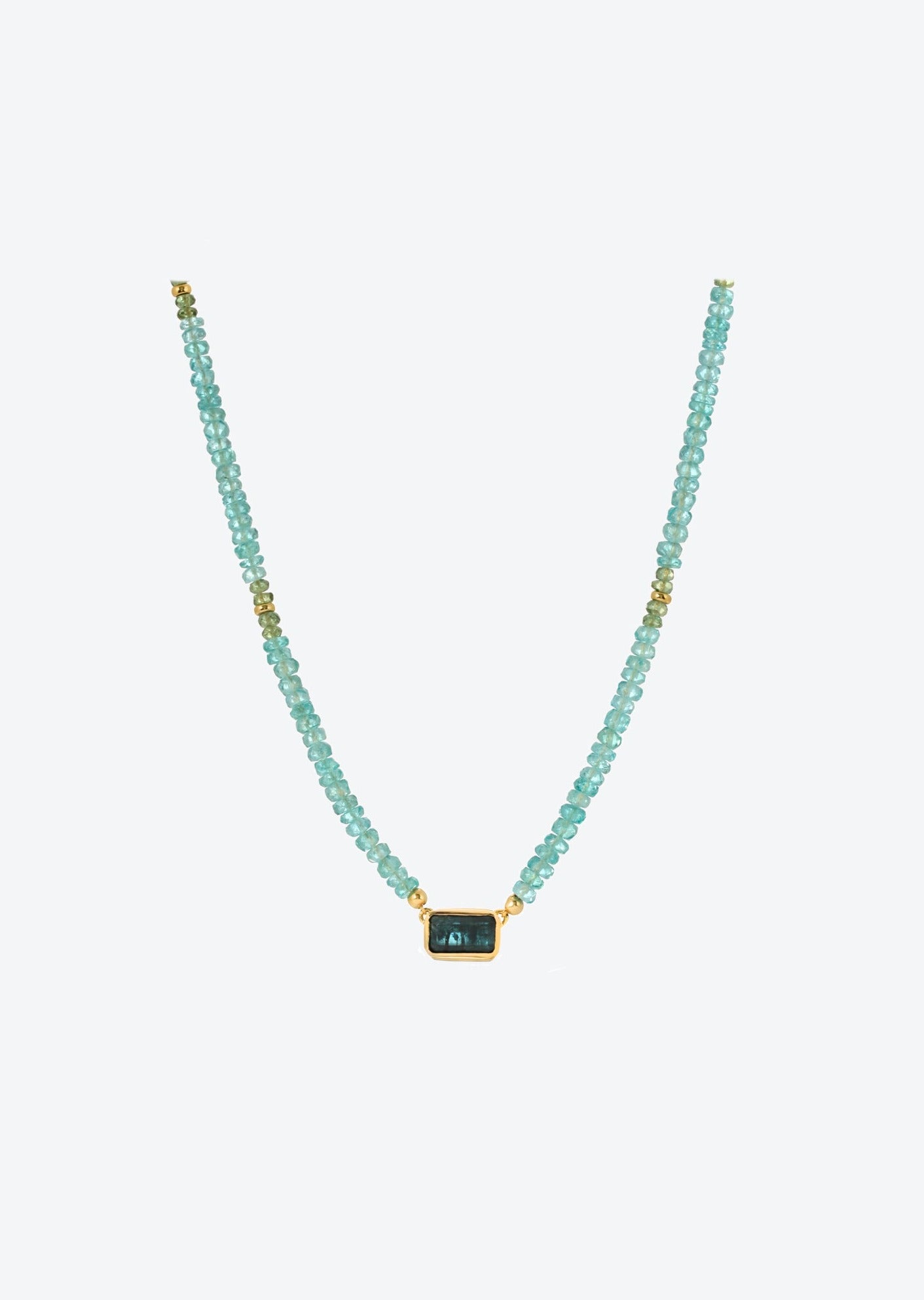 apatite beaded necklace with gold bead spacers and rectangular-cut blue tourmaline pendant