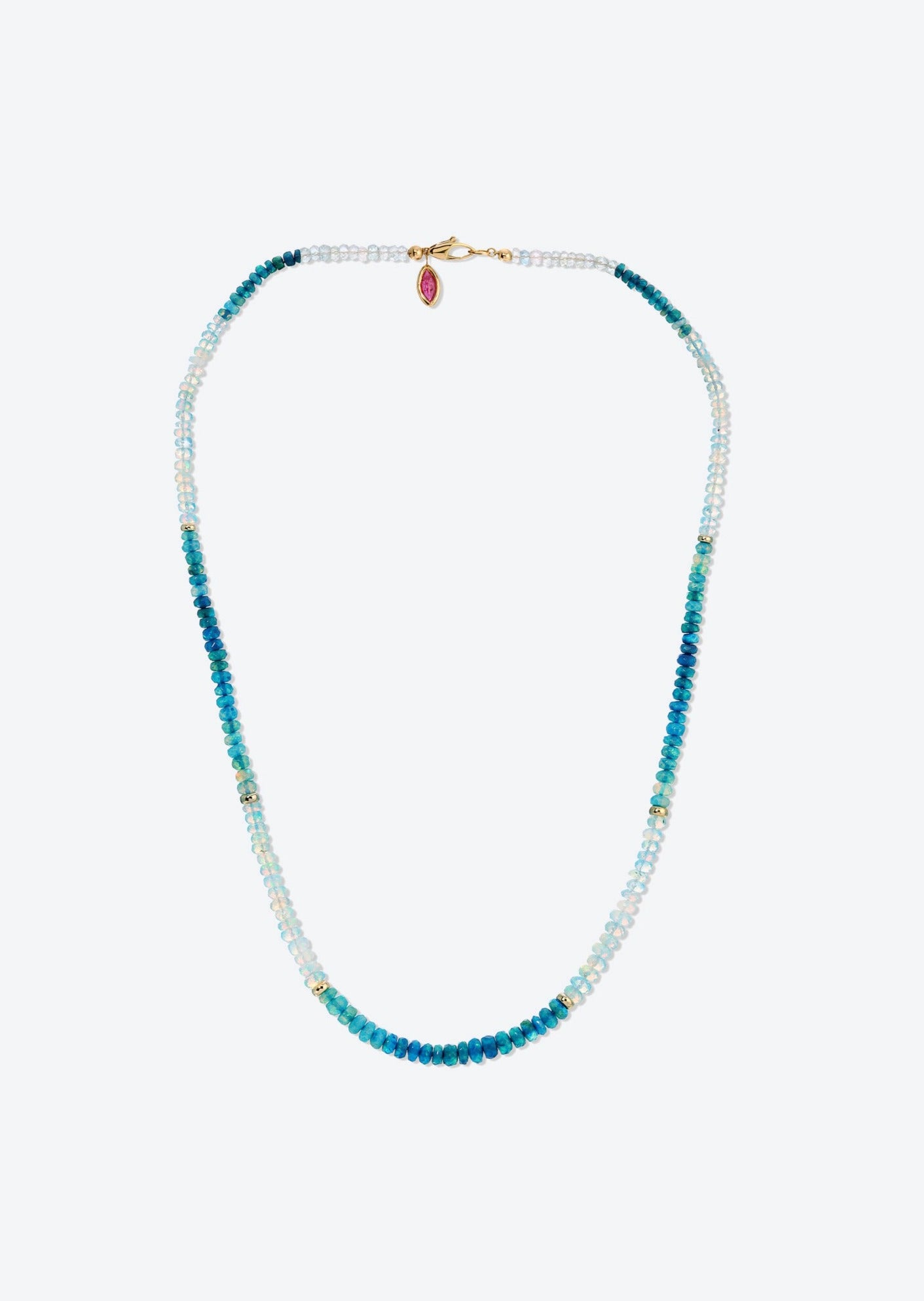 Beaded opal necklace with turquoise accents, gold bead spacers, and a ruby charm near the clasp, perfect for boho-inspired looks