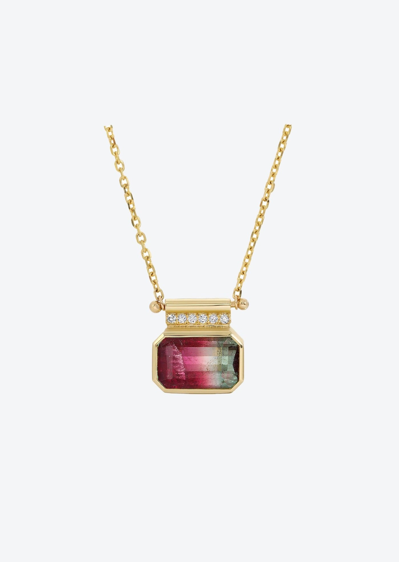 Green & red bicolor tourmaline chunky charm pendant necklace with pave diamonds in 14K gold.