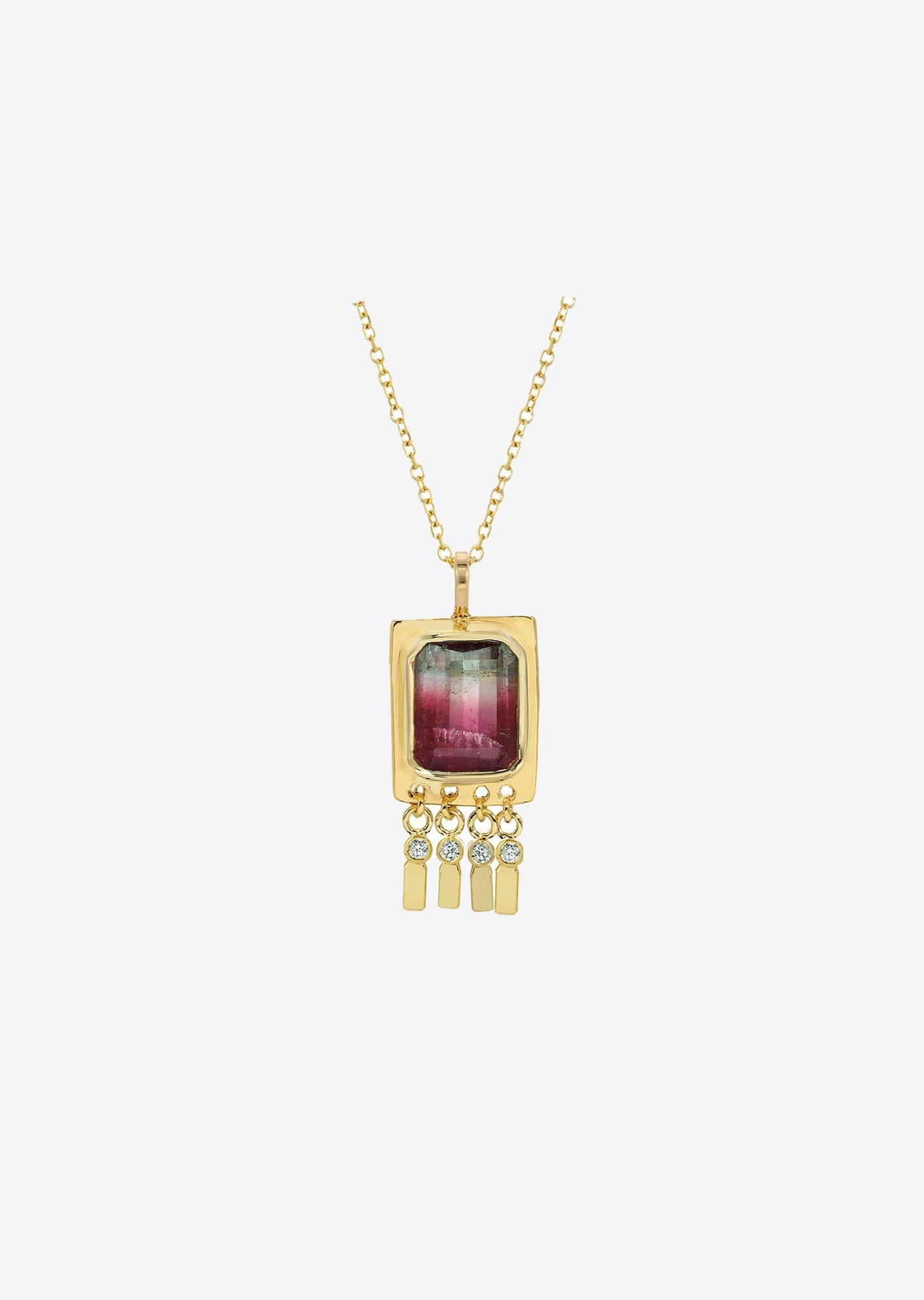 Bezel-set watermelon tourmaline necklace with diamonds in solid 14K yellow gold, perfect gold charm for timeless sophistication.
