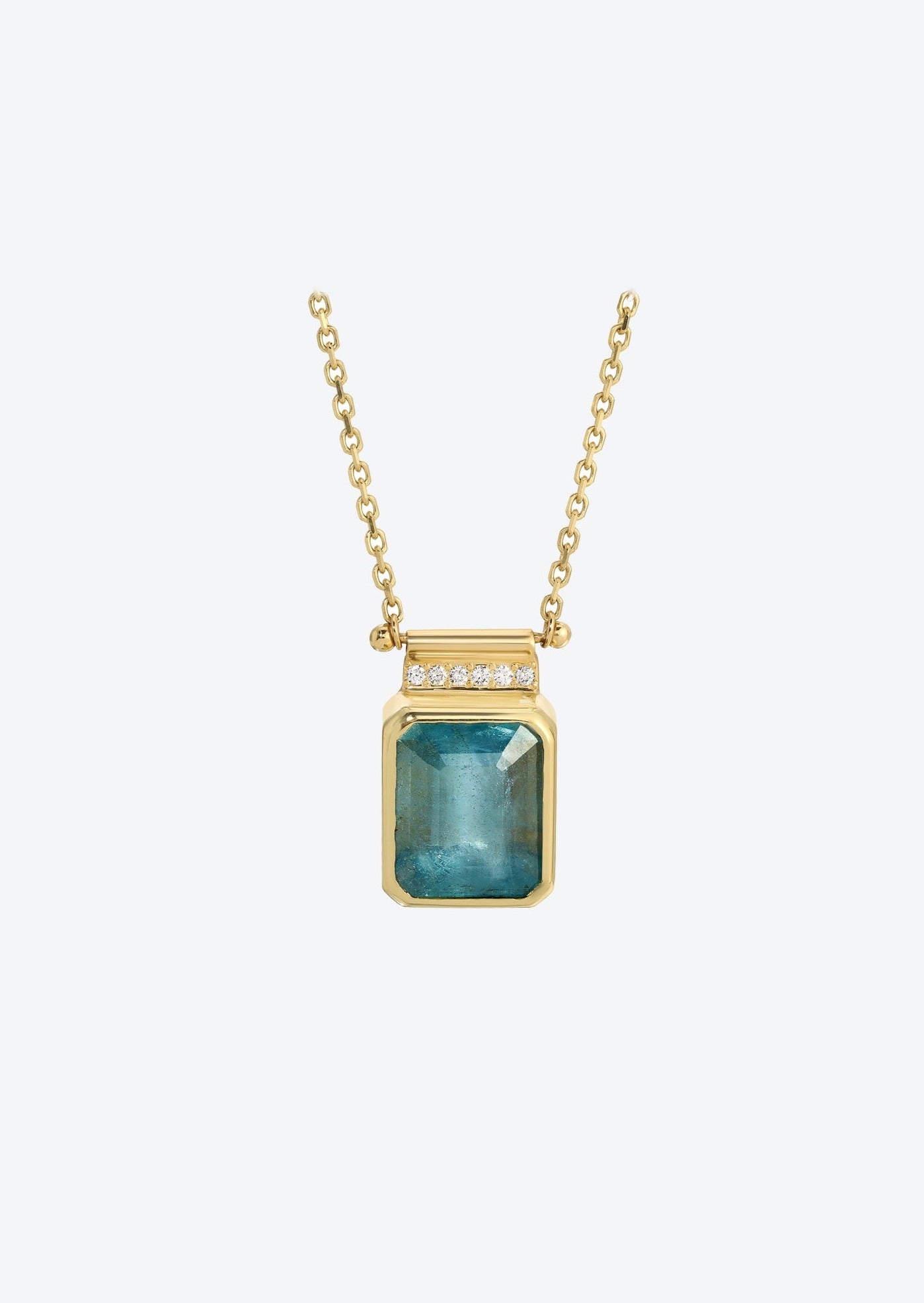 Gold bar pendant necklace with aquamarine centerpiece and diamond accents on cable chain