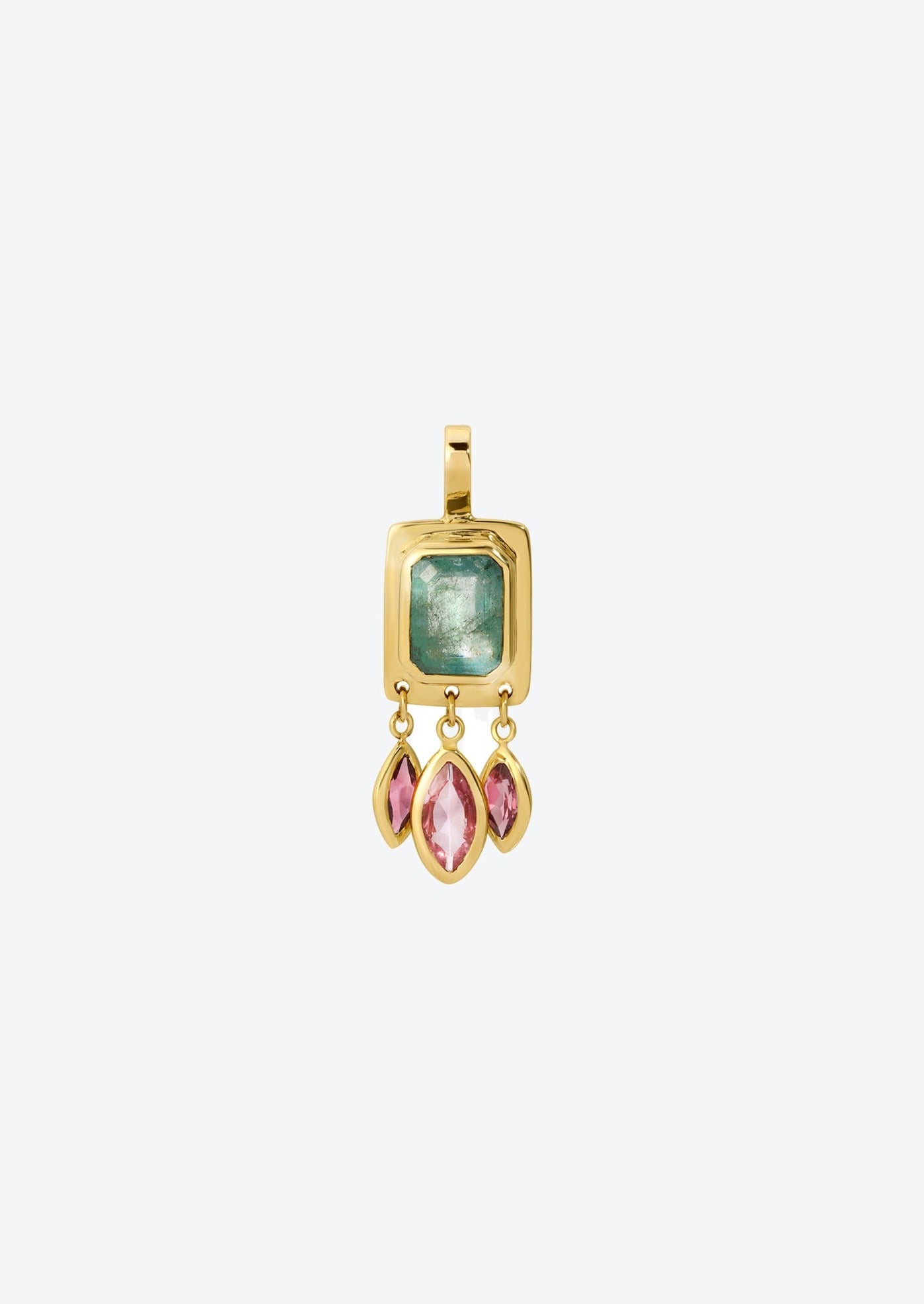 Gold charm pendant featuring cushion-cut blue emerald and pink tourmaline dangles