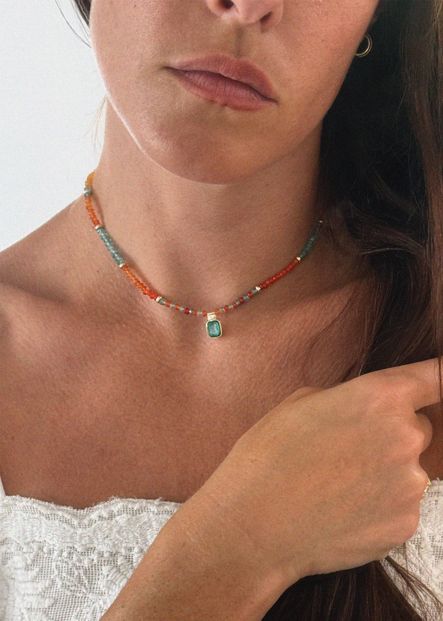 Beaded Necklace in Carnelian and Apatite