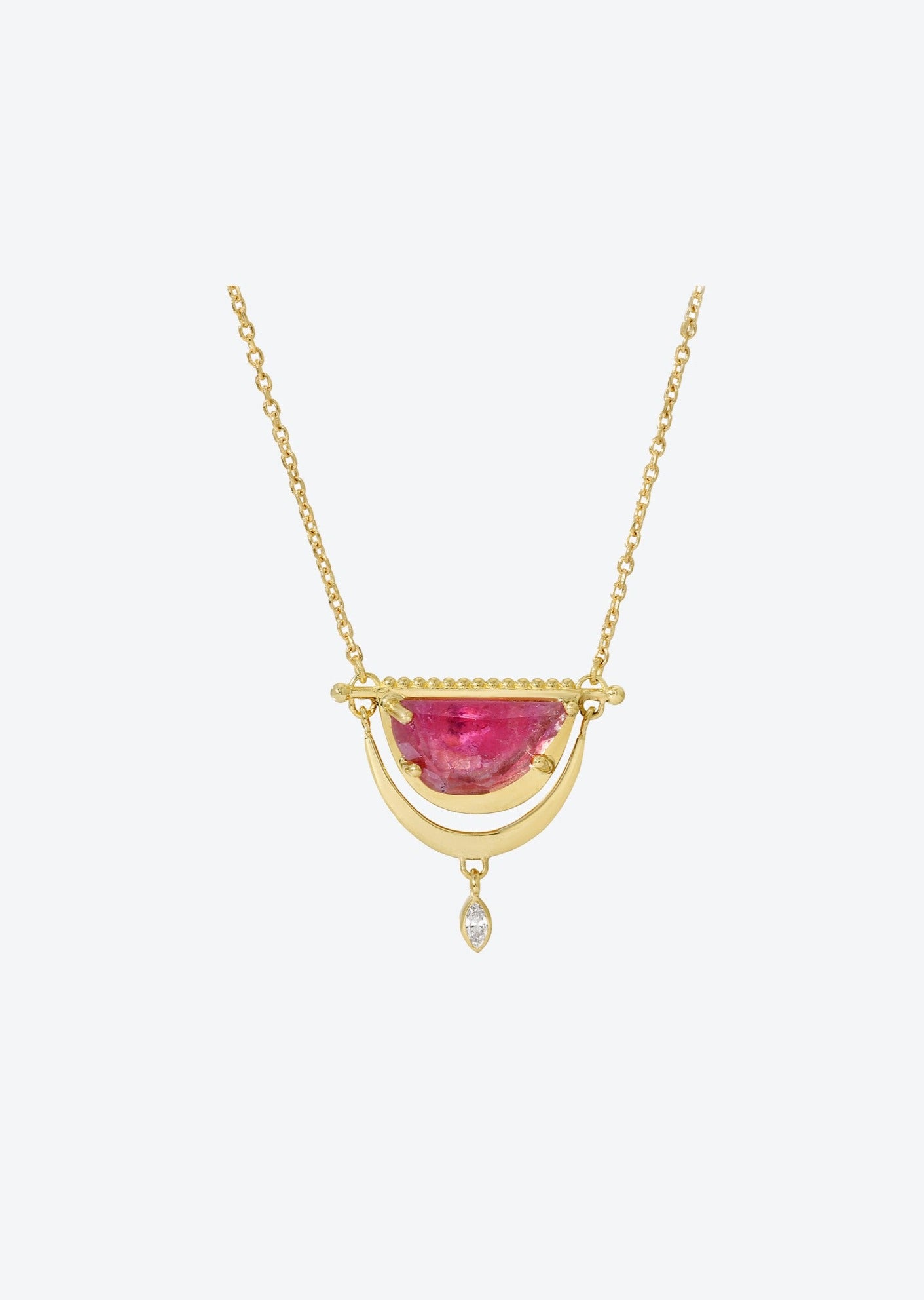 Moon necklace featuring pink tourmaline crescent and marquise diamond drop in 14K gold