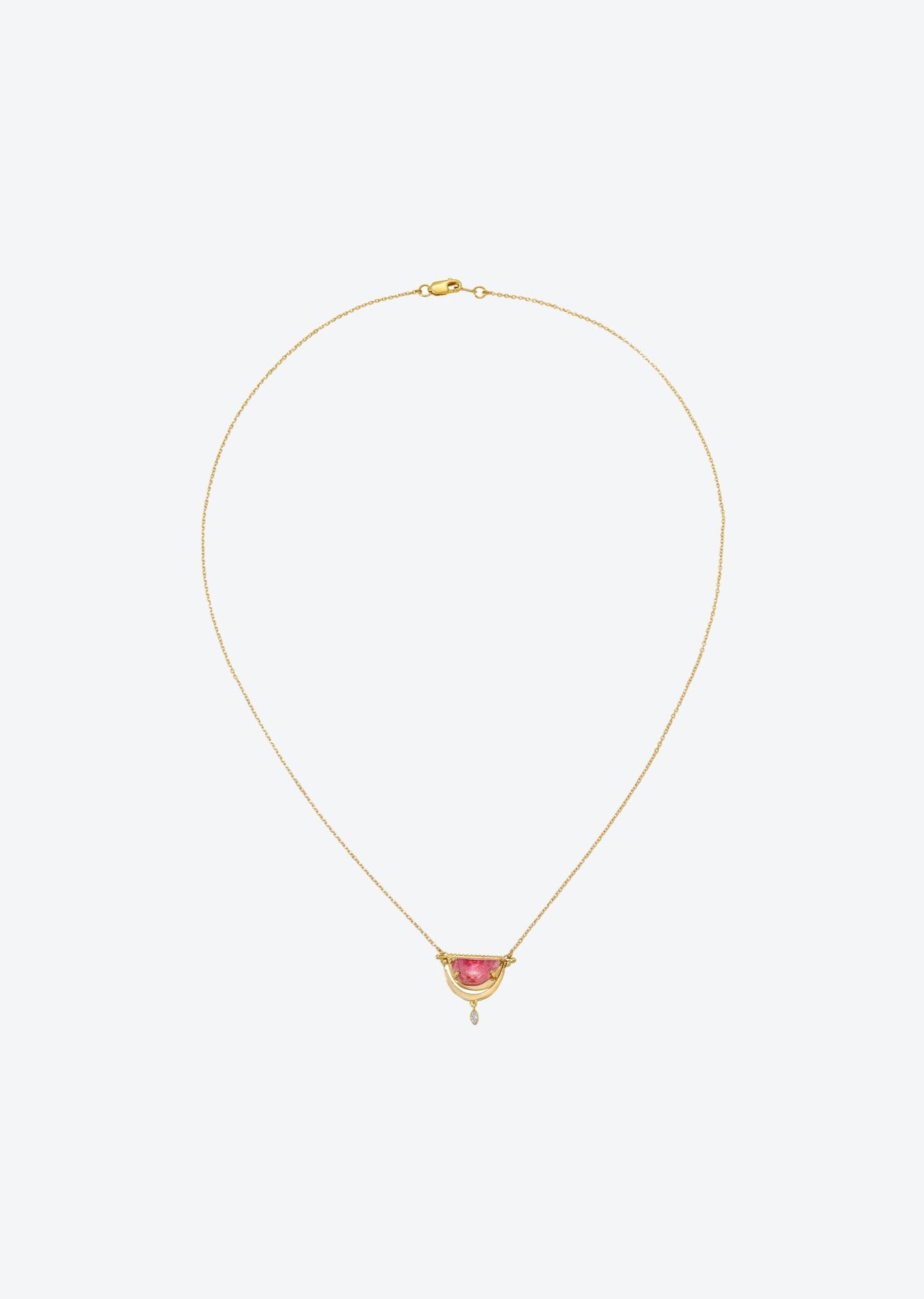 Half-moon pink tourmaline pendant on adjustable gold chain with diamond accent