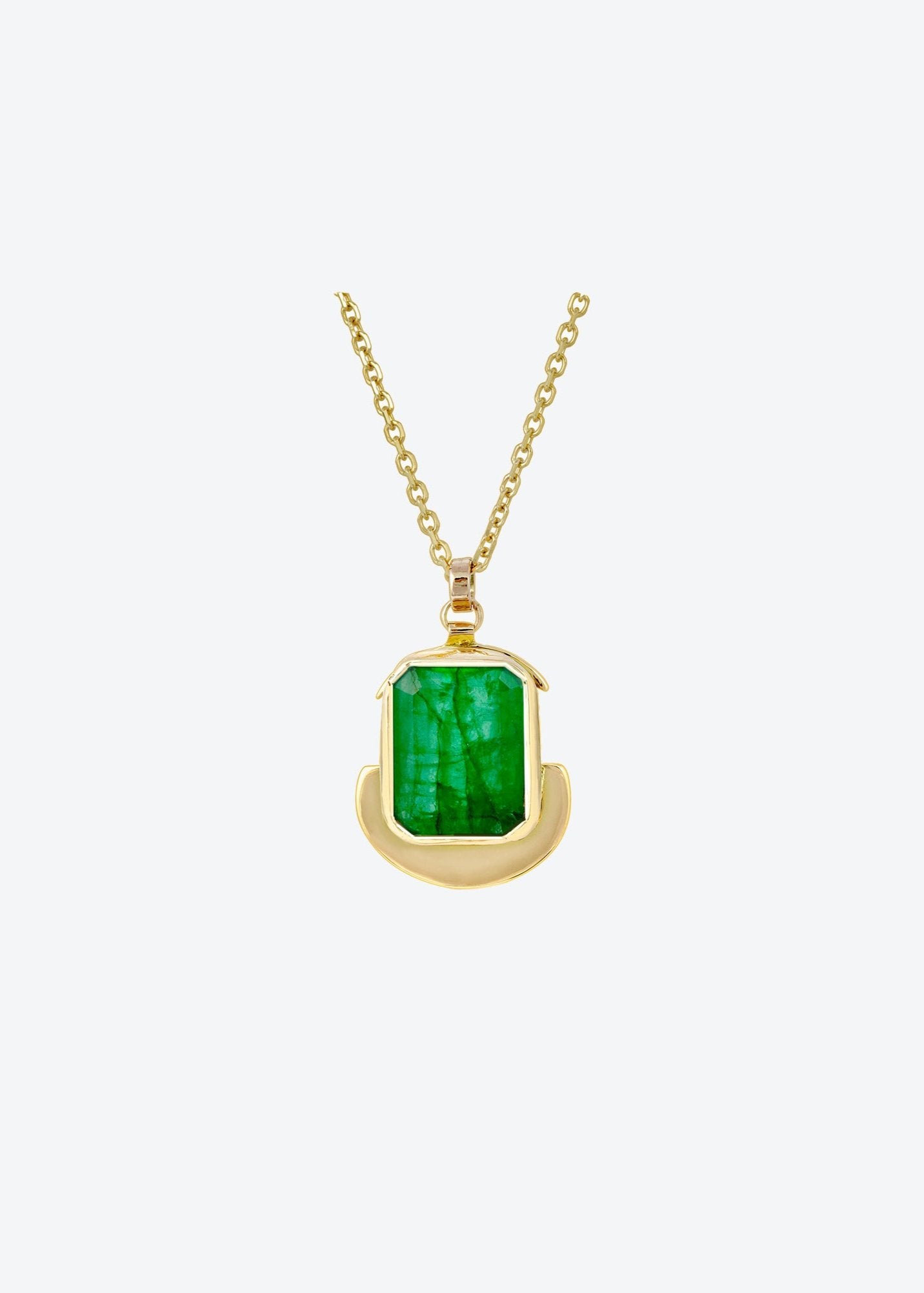 Solid 14K gold pendant necklace with a large rectangular emerald inspired by the Tajadero coin, suspended on a 20-inch chunky cable chain