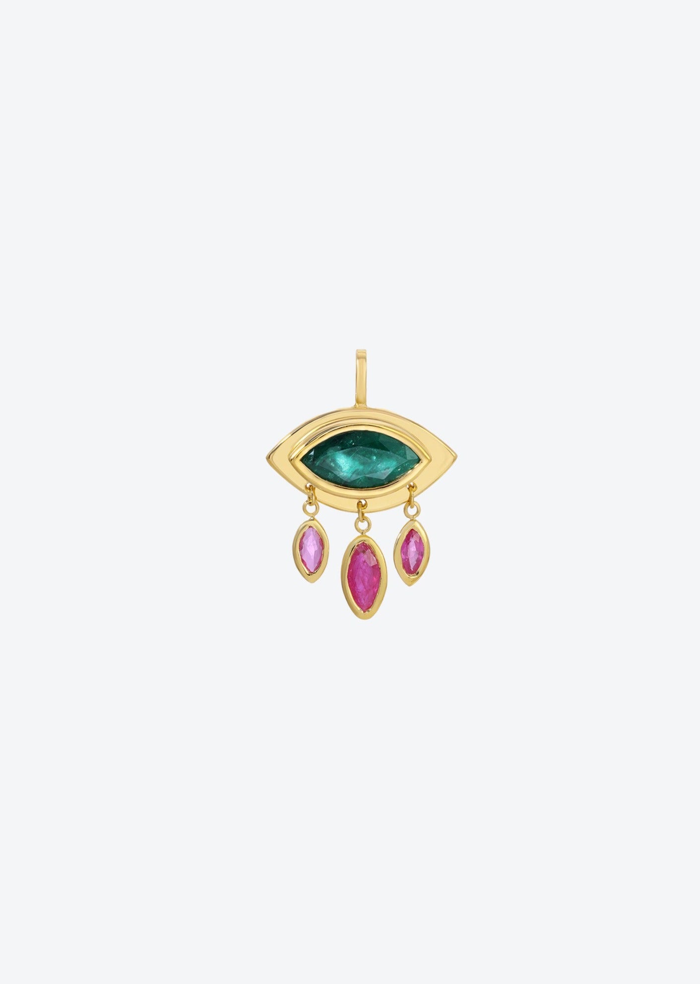 Gold eye-shaped pendant with emerald centerpiece and dangling ruby charms"