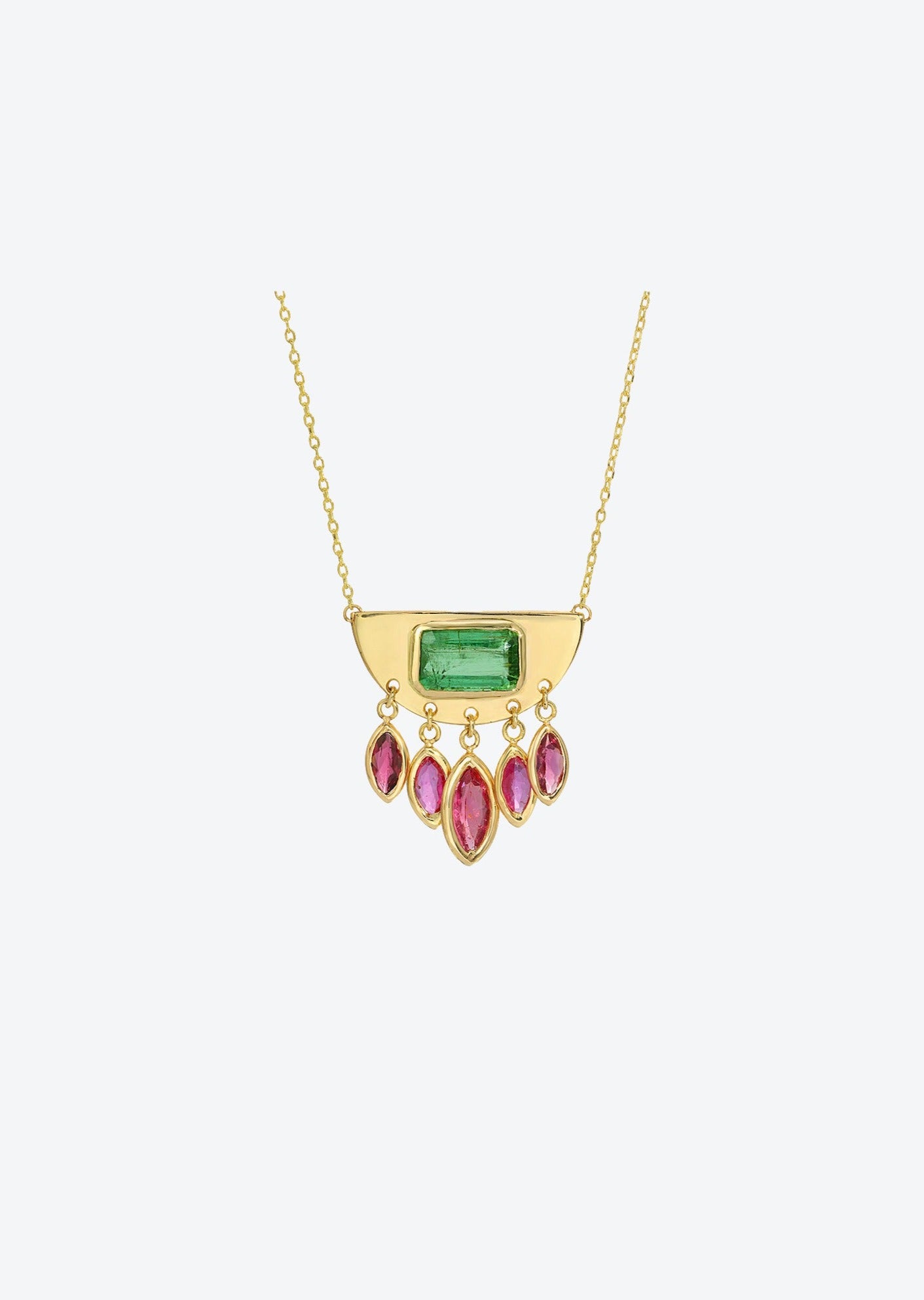 Emerald pendant necklace with ruby charms in 14K gold, designed with celestial elegance and modern geometry.