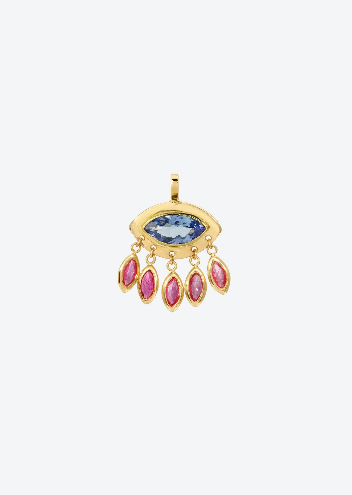 evil eye pendant featuring tanzanite and ruby gemstones in 14K gold