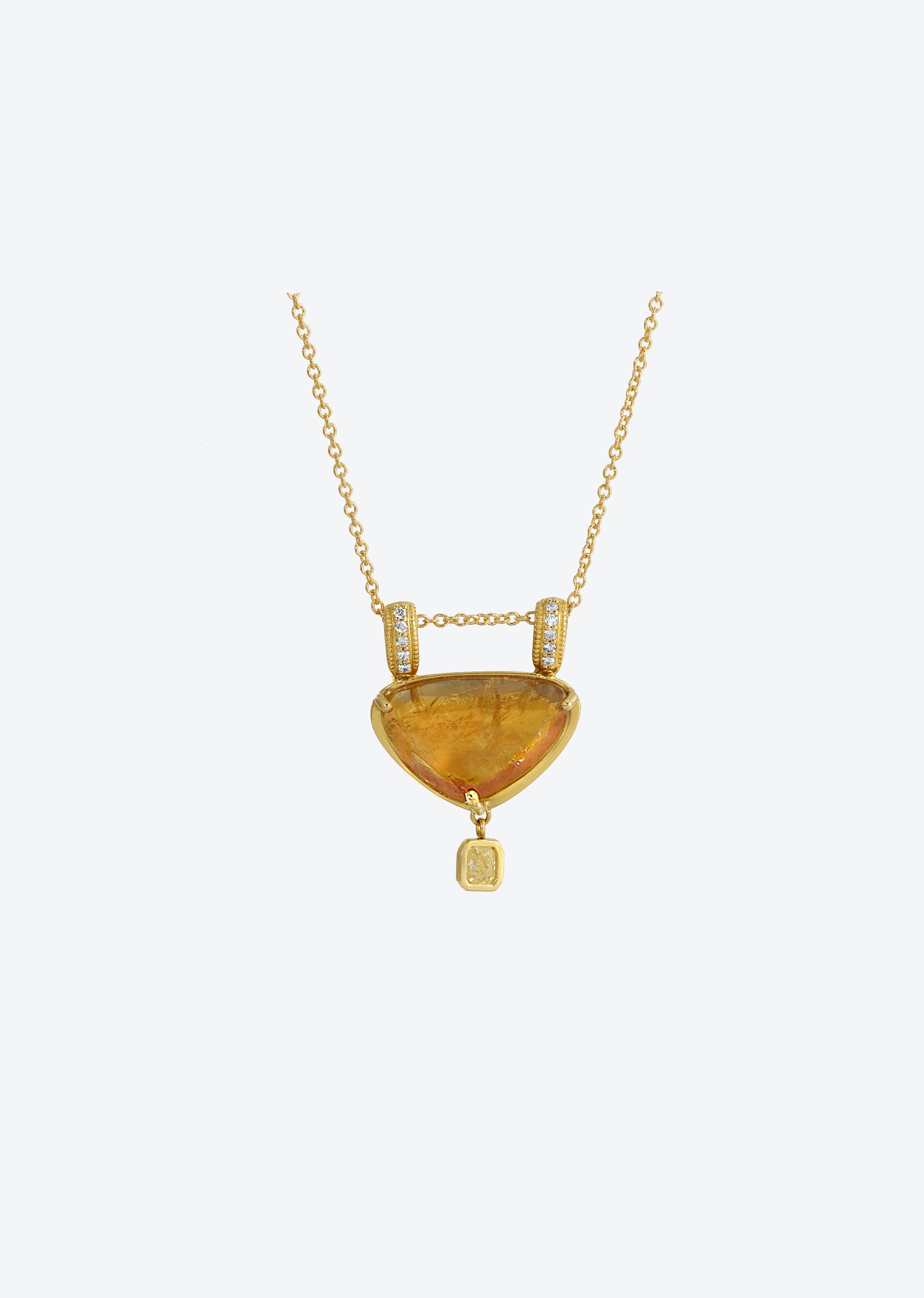 Unique tourmaline gemstone necklace with yellow canary diamond in 14K gold