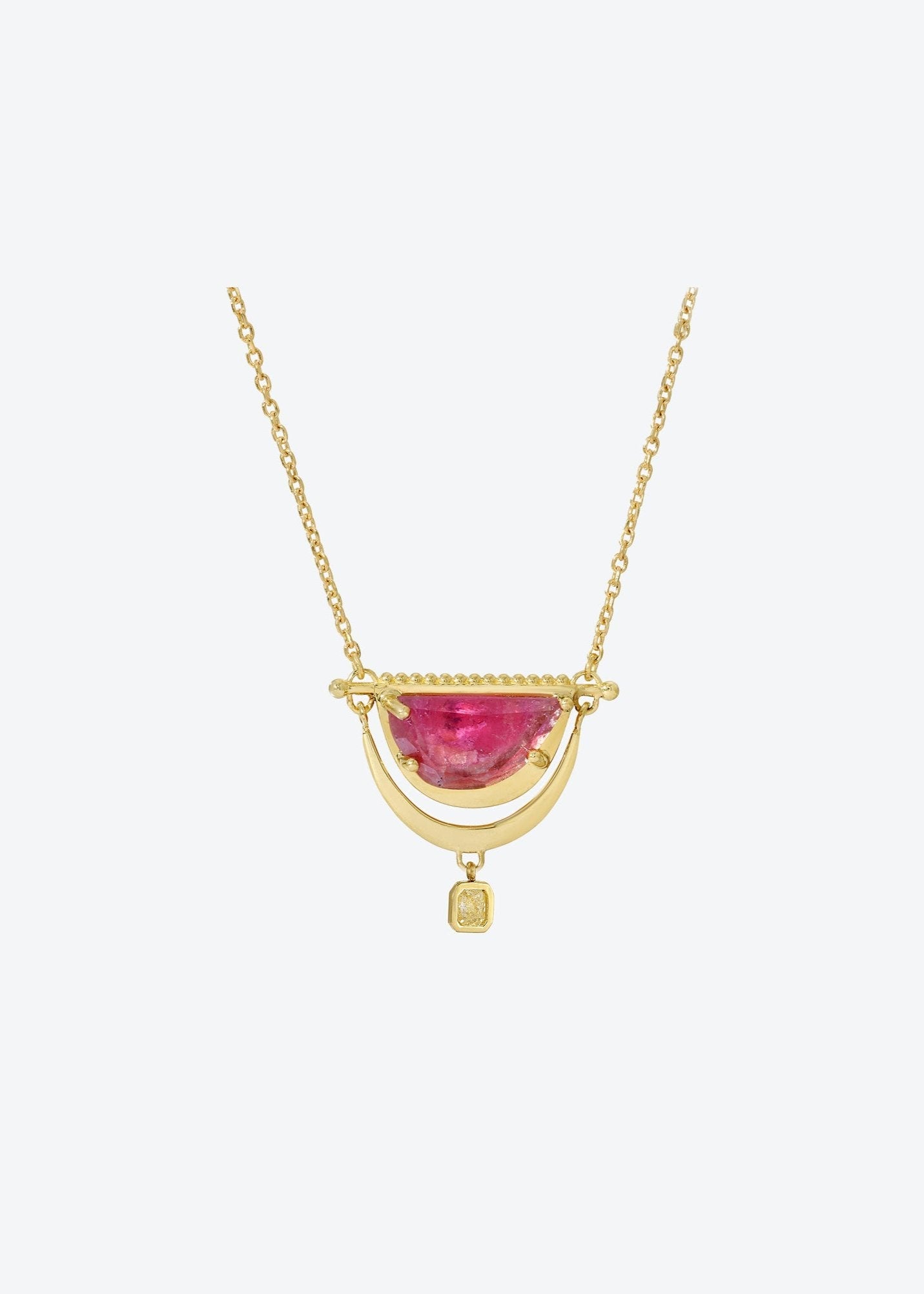 Pink tourmaline moon charm necklace with yellow diamond in 14K gold