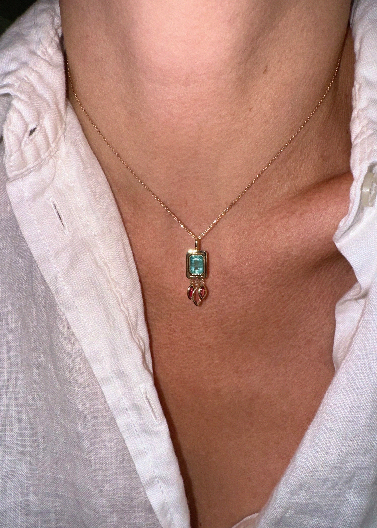 Blue Emerald and Pink Tourmaline Pendant • 14K Gold Charm