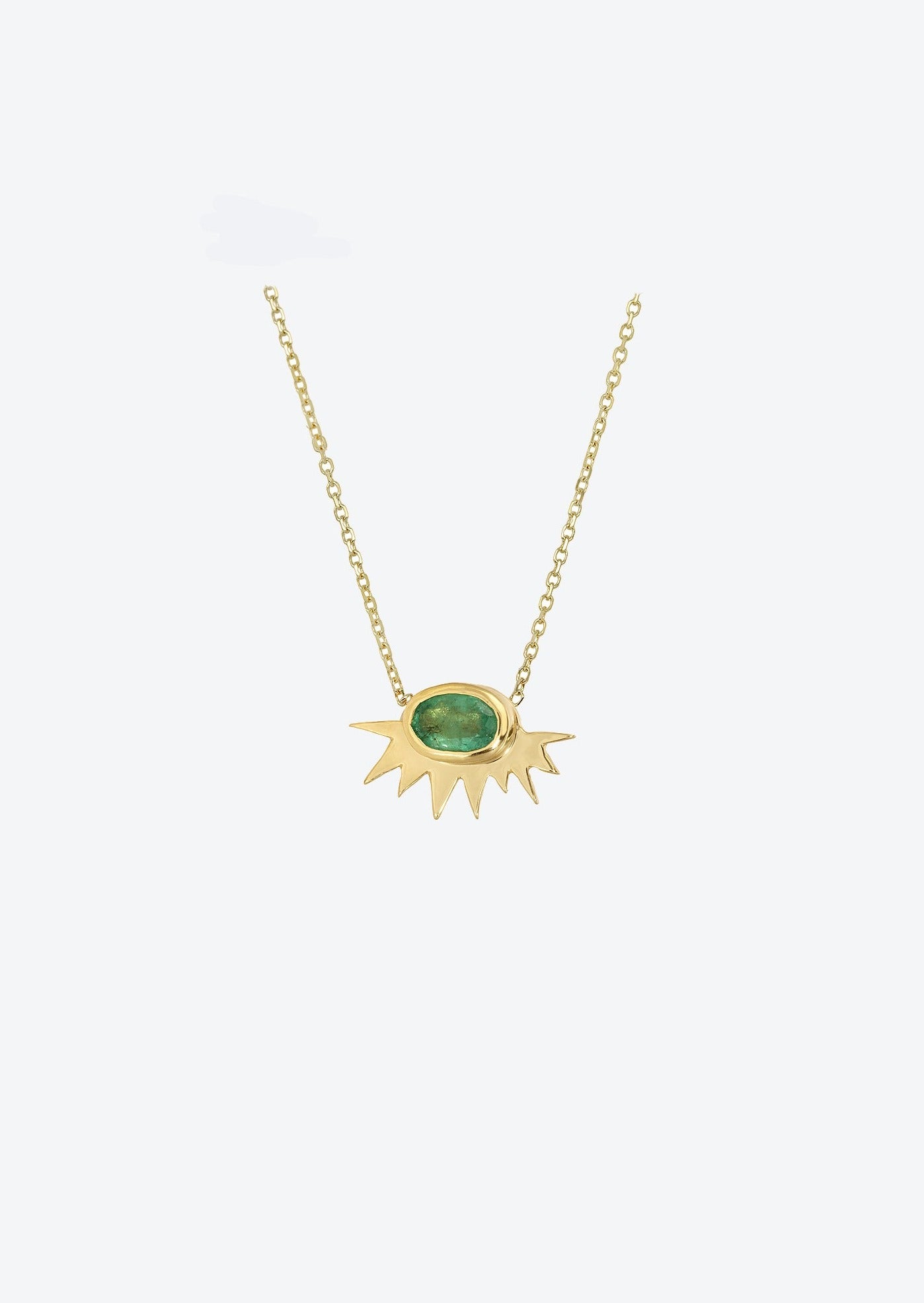 Emerald sun pendant necklace with bezel-set emerald in 14K yellow gold