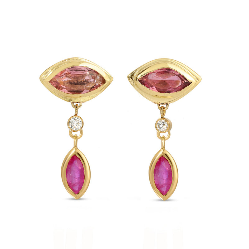 eye shaped earrings with pink stone and diamonds