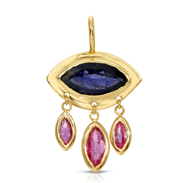 eye shaped pendant with iolite and ruby