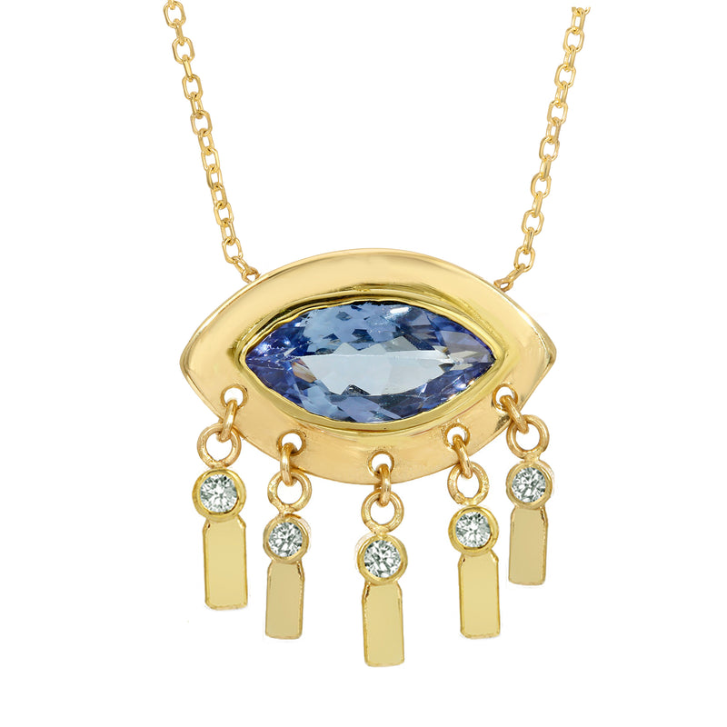 eye shaped necklace with blue stone and dangling diamonds