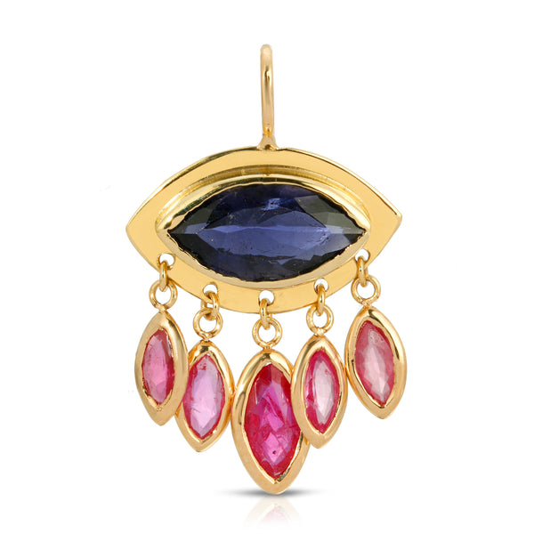 eye shaped pendant with dangling rubies