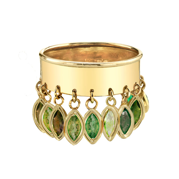 ring with dangling green gems 